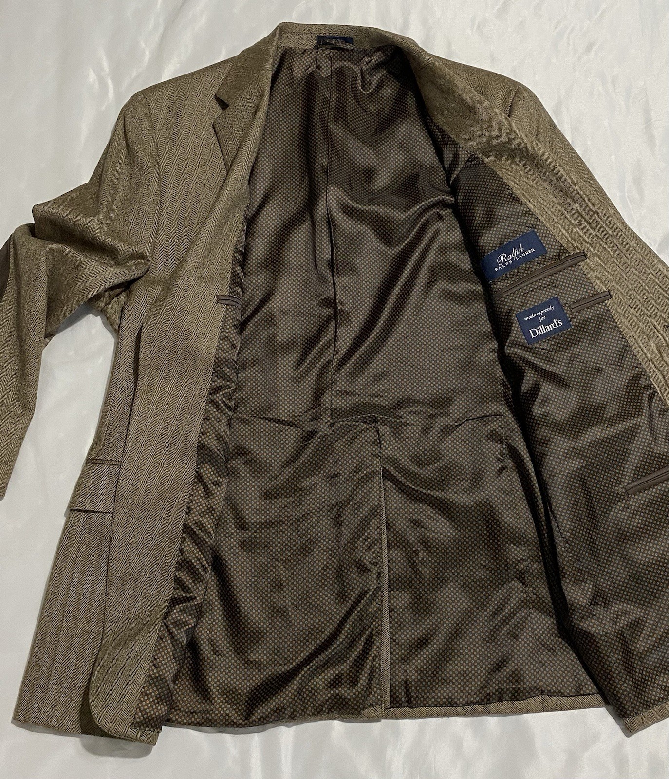 40R Wool/Cashmere Ralph Lauren Brown Herringbone Blazer Suede Elbow Patches