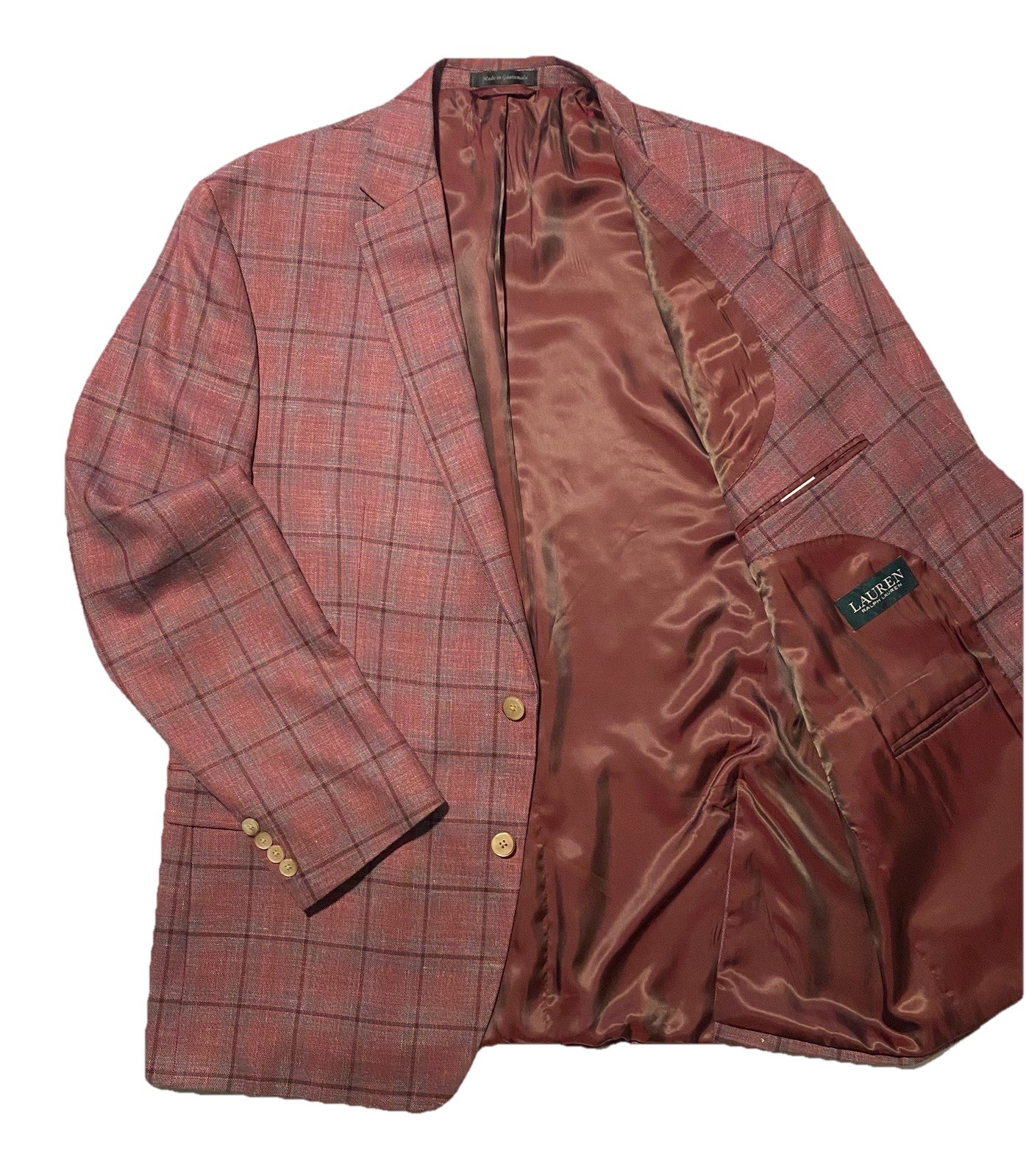 Lauren Ralph Lauren Windowpane Plaid Men’s Sport Coat Jacket Wool Silk Linen 46L