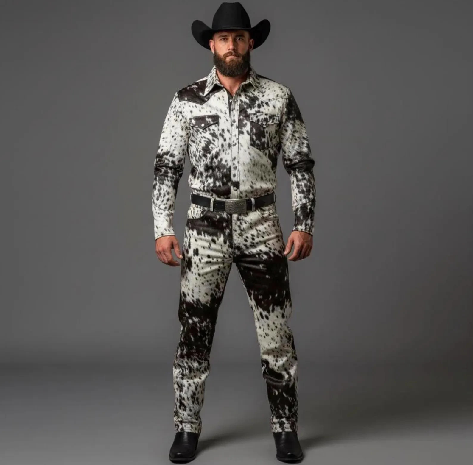 Men’s Hair-On Cowhide Leather Suit Western Cowboy Shirt Pants Set Classic Outfit