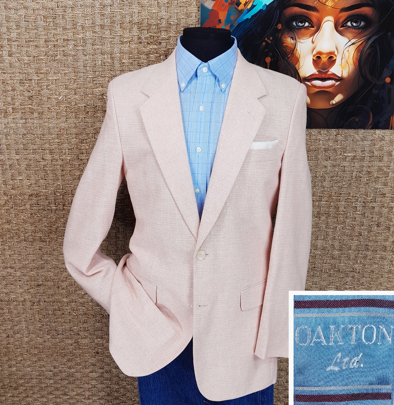OAKTON Men’s Size 38 R SPRING & SUMMER Casual Linen-Blend Sport Coat Light Pink