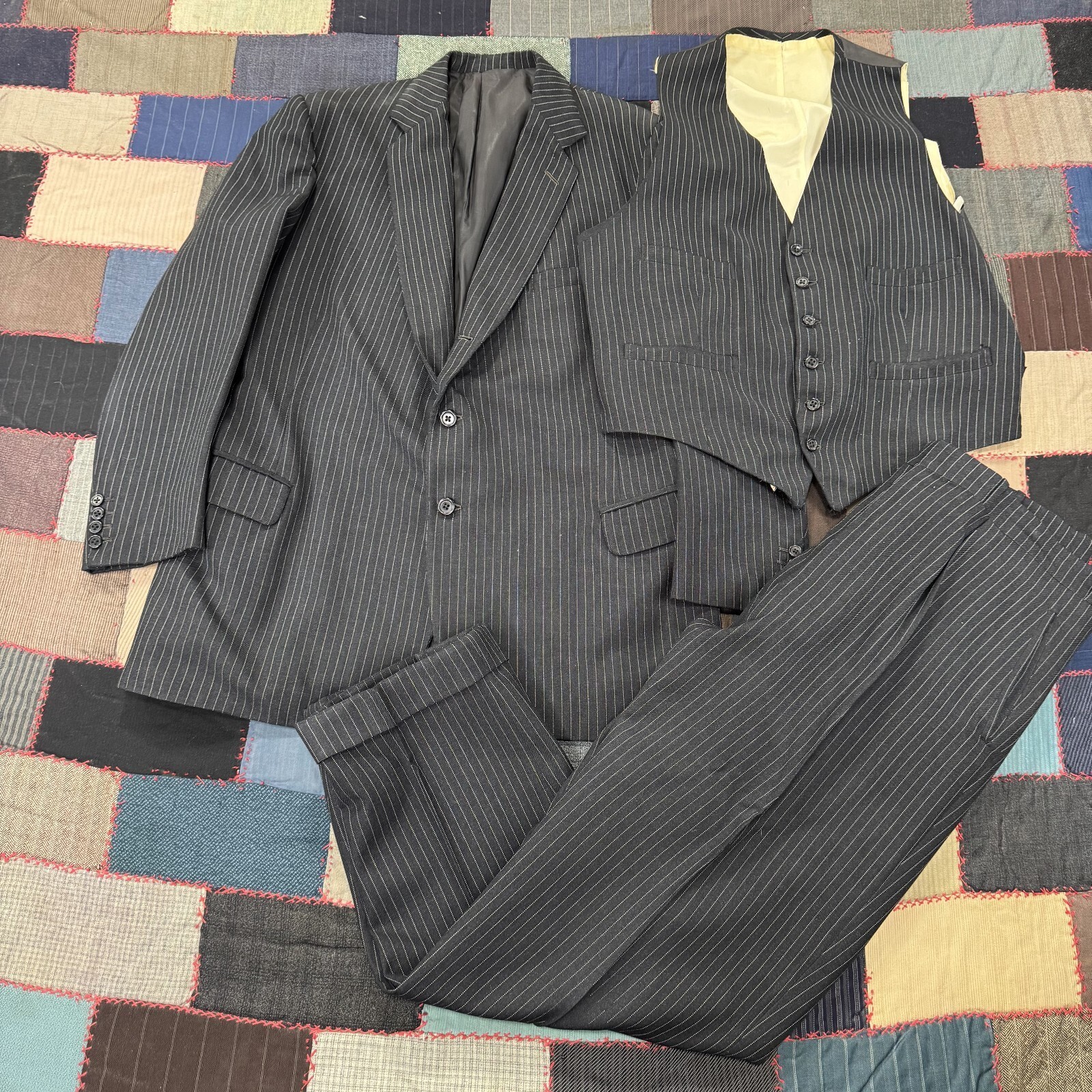 Vintage 1969 J.C. Wells London Men Black Pinstripe Wool Classic 3-Piece Suit Set