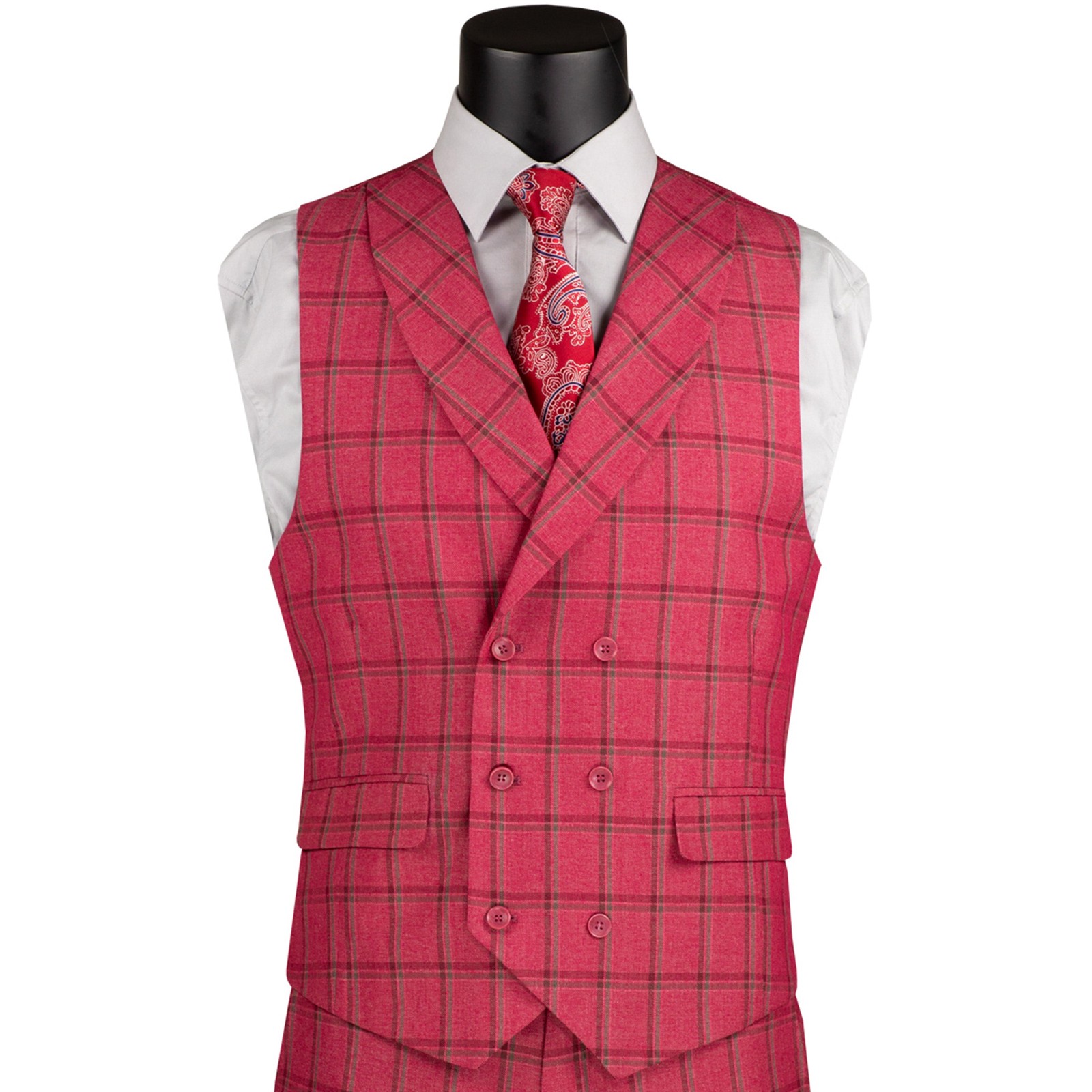 VINCI Men’s Raspberry Windowpane 3pc 2-Button Modern Fit Suit – NEW