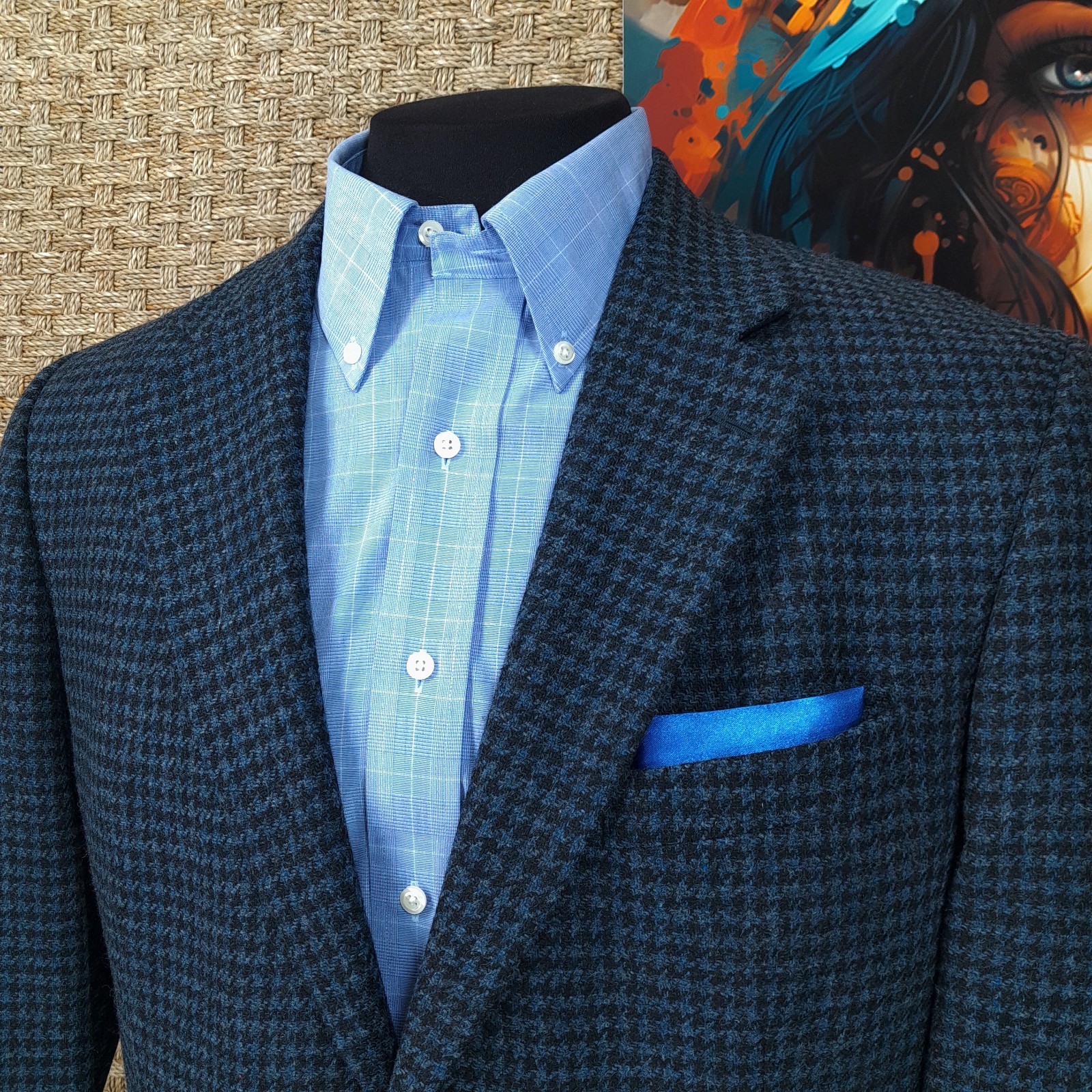 Land’s End Men’s 42 L Tweed Fall & Winter Sport Coat Blue and Black Houndstooth