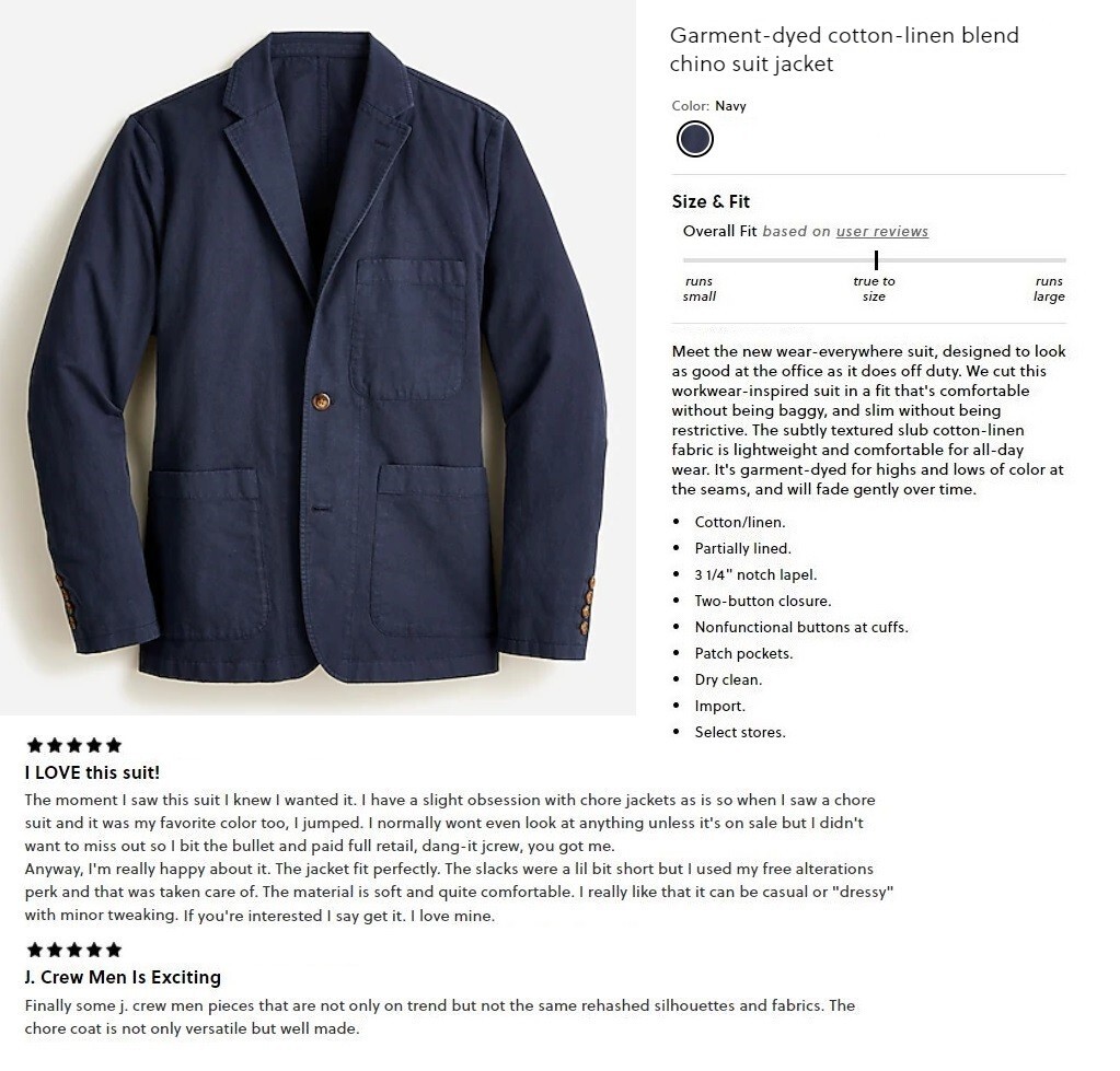 J.CREW suit navy 40 jacket + 32 pants cotton linen casual chino chore blazer nr