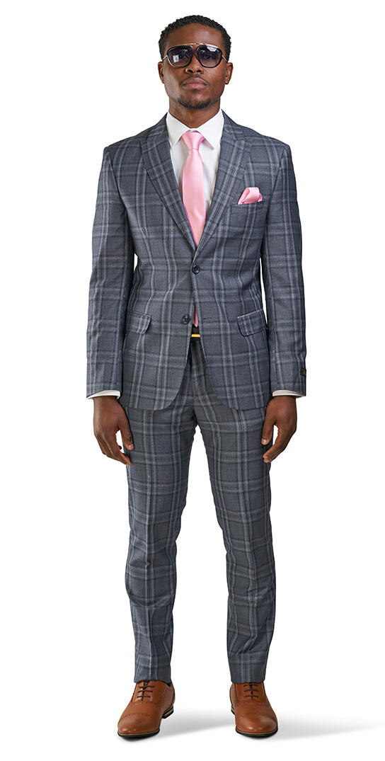 Slim Fit 2 Button Slate Gray Windowpane Plaid Mens Suit Peak Lapel 35071 AZARMAN