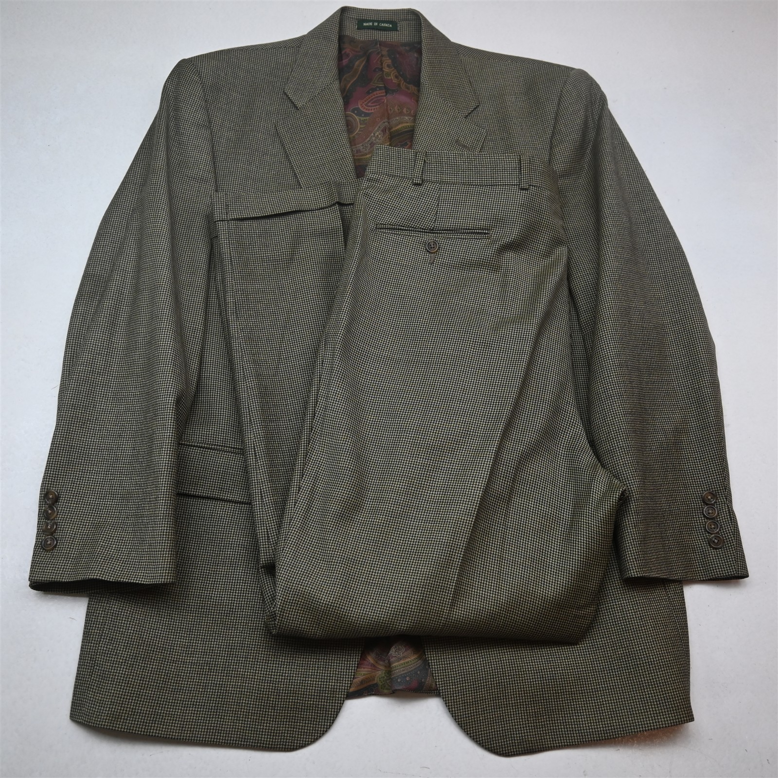 Lauren Ralph Lauren 44L 36×34 Brown Houndstooth 100% Wool Flannel Mens Suit