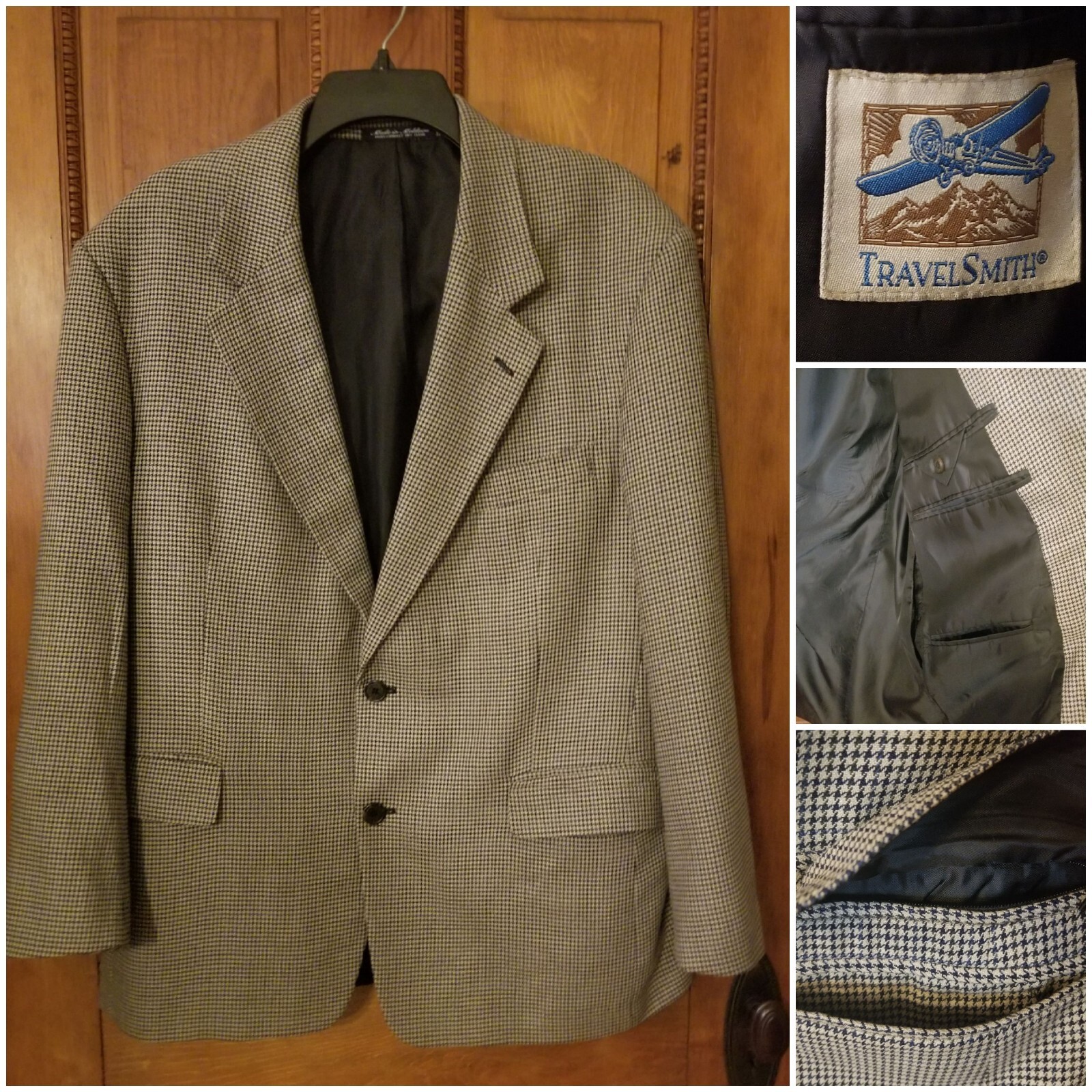 TRAVELSMITH Lightweight Blazer Mens 40 Short Brown Check Travel Coat 10 Pockets