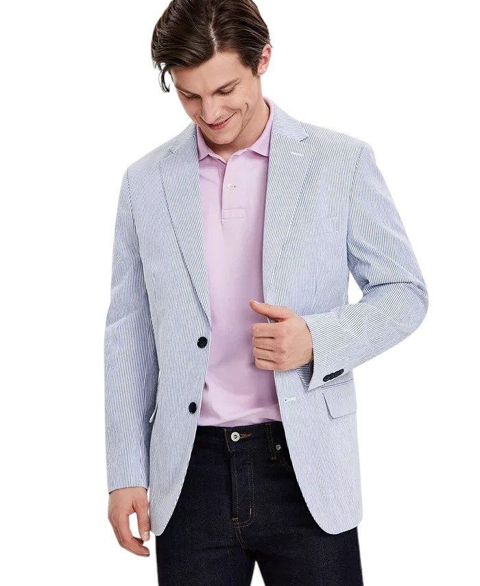 Tommy Hilfiger Mens Modern fit Cotton Seersucker Sport Coat Blazer 46 L Blue