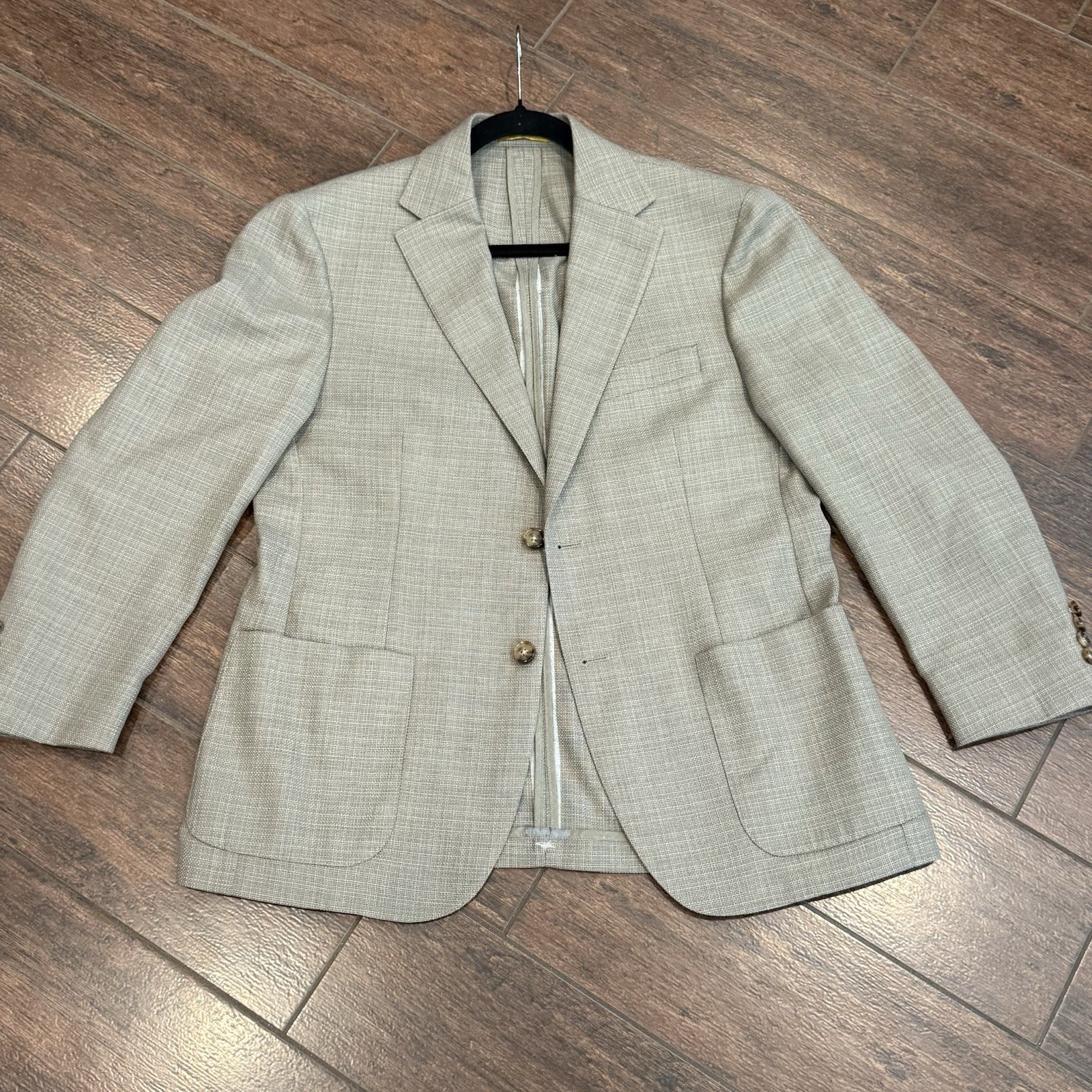 Hickey Freeman Blazer Sport Coat Mens 40S Linen Silk Wool Plaid Tan Woven EUC