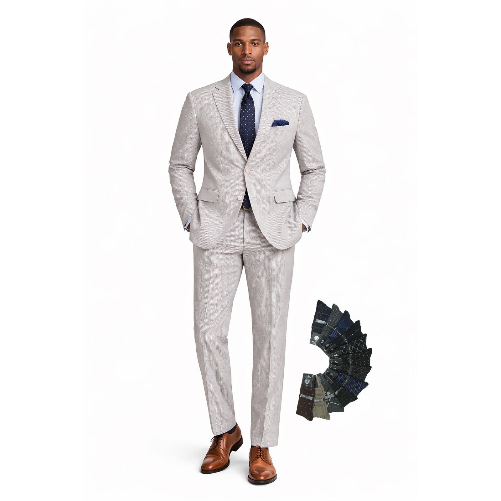 Men’s Seersucker Striped Suit 2-PC Modern-Fit, Adjustable Waist, Free Socks