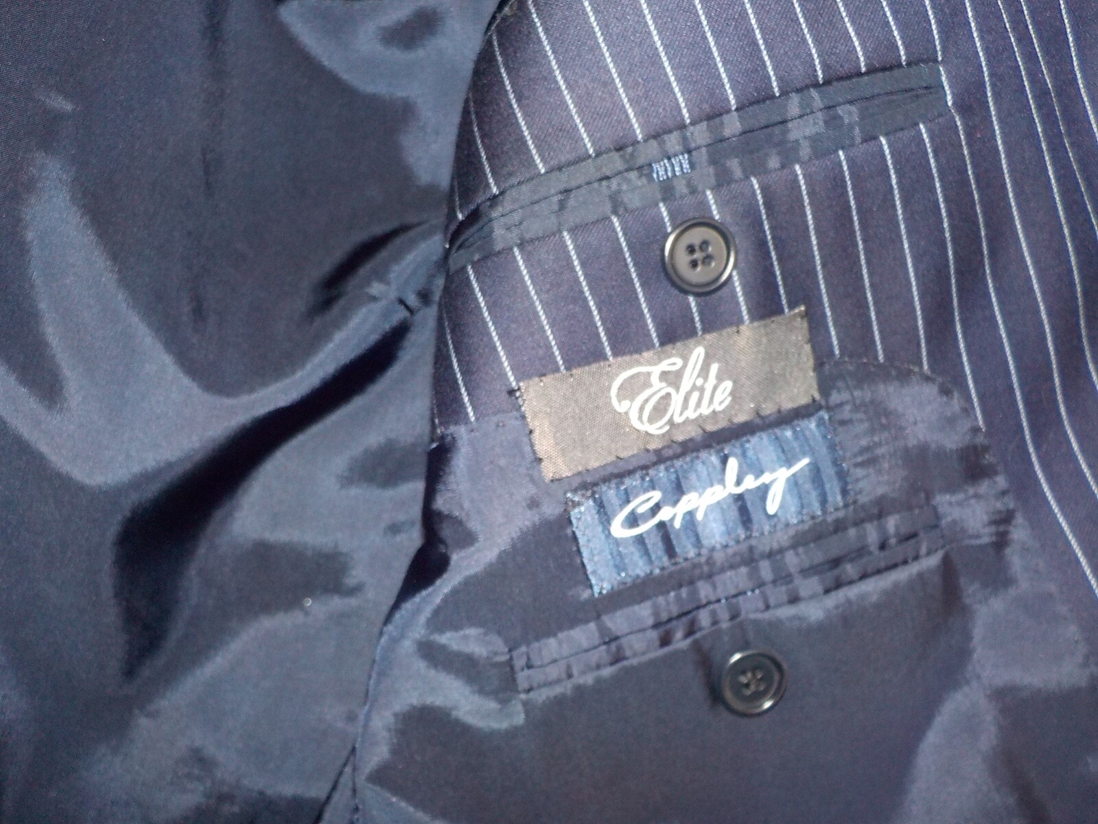 COPPLEY BOCELLI JORDAN Navy Pinstriped Suit 100% Wool SZ 45RX36