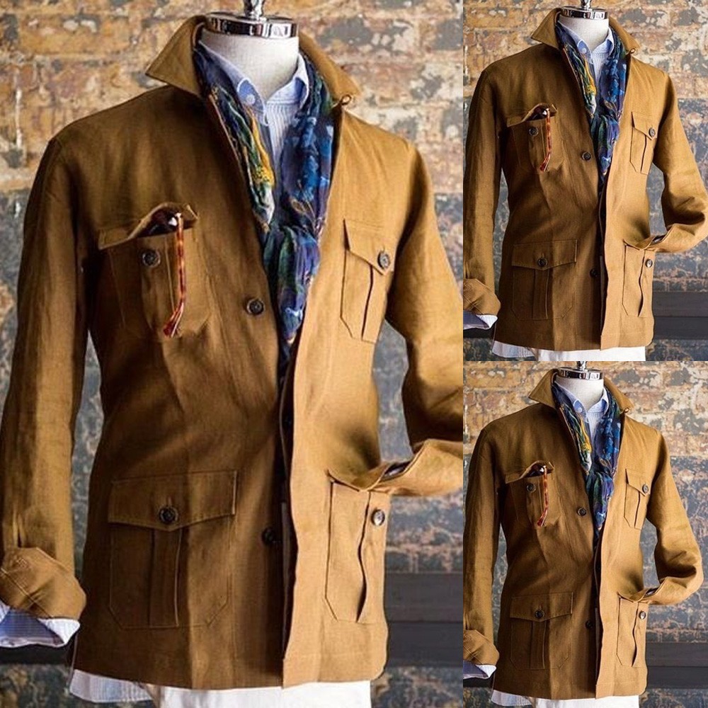 Linen Kahki Men’s Safari Jacket Wedding Summer Casual Outdoor Hunting Coat 2pcs