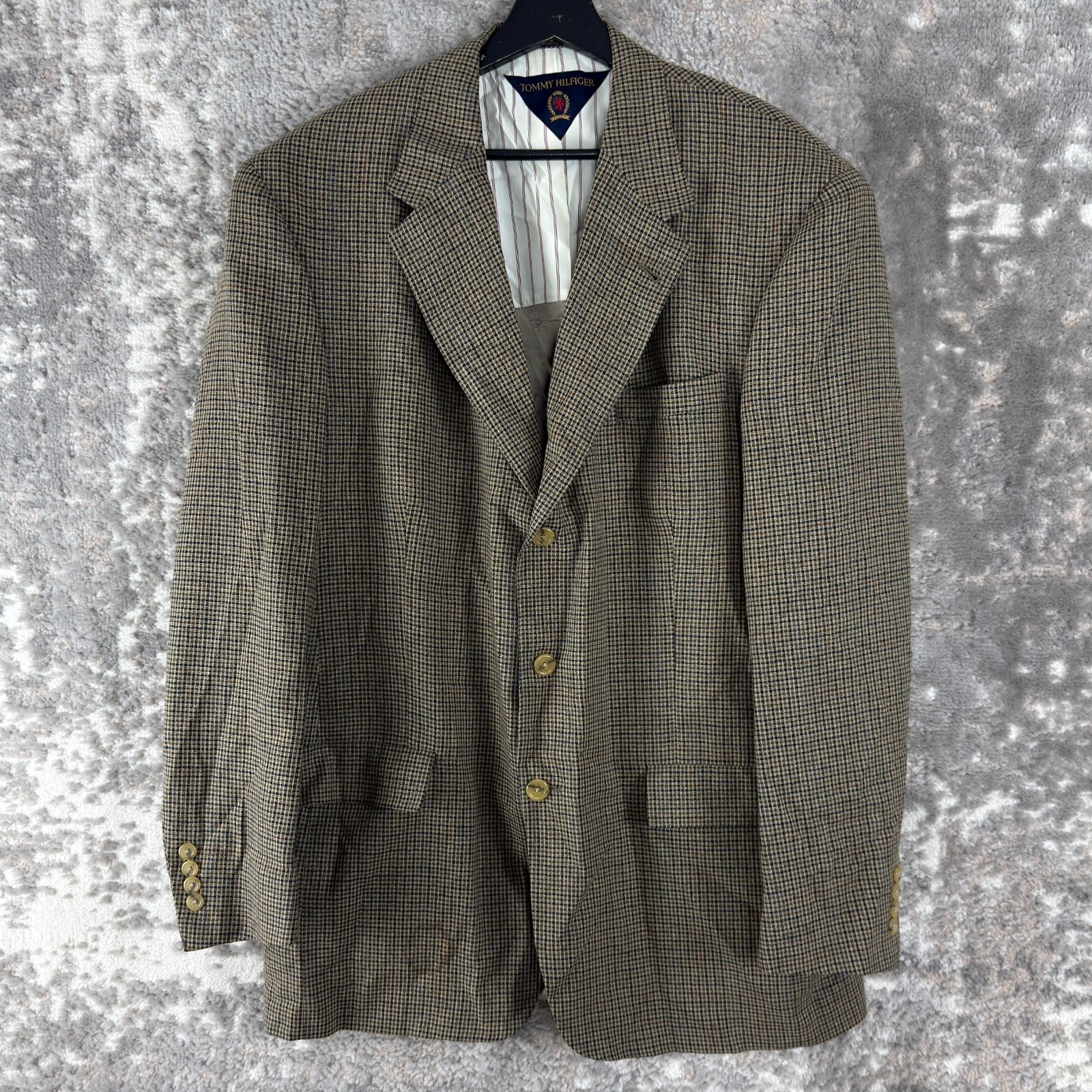 Tommy Hilfiger Size 43L Houndtooth Career Notched Blazer Jacket Gray Button