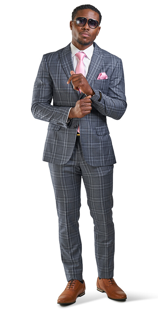 Slim Fit 2 Button Slate Gray Windowpane Plaid Mens Suit Peak Lapel 35071 AZARMAN