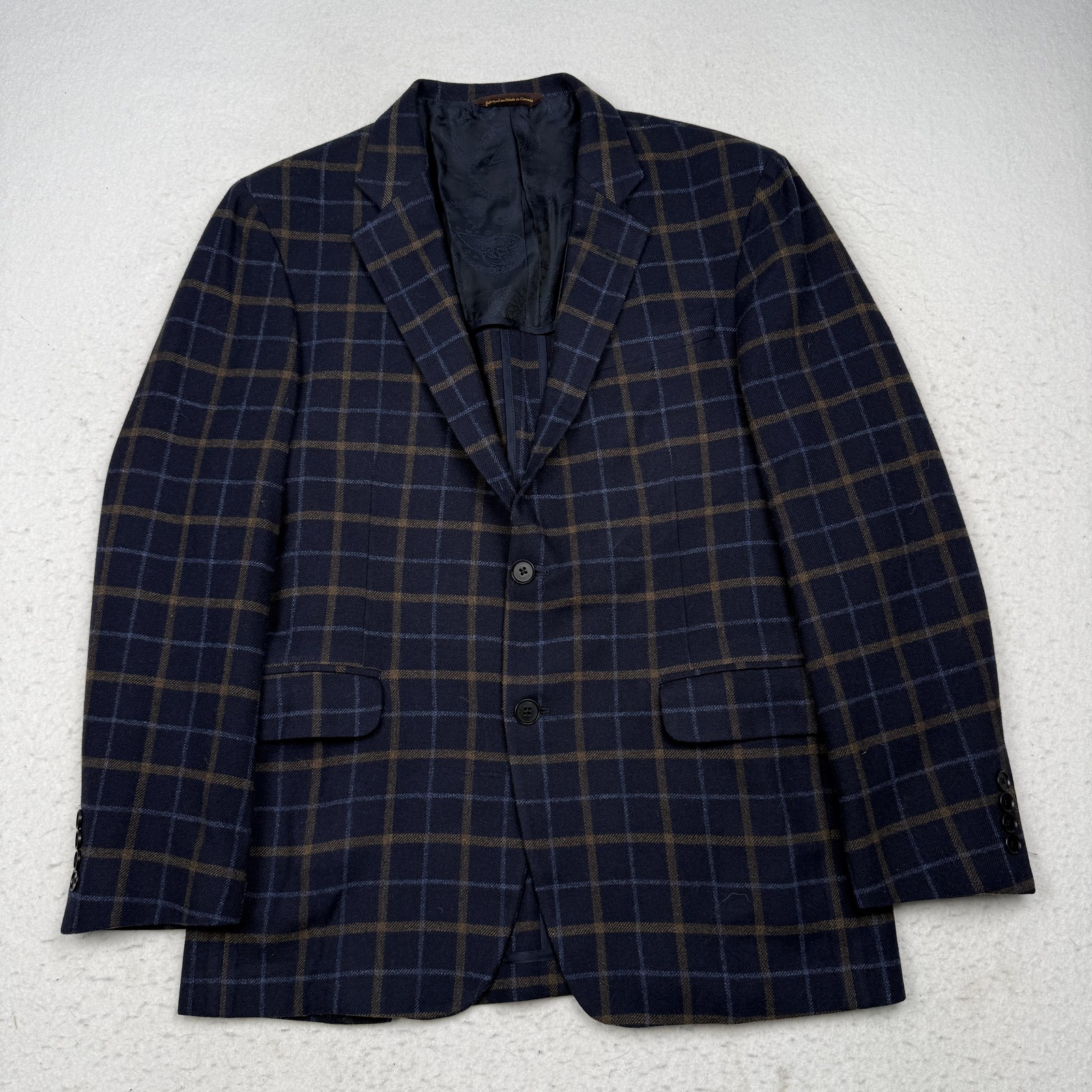 Robert Talbott Sport Coat Mens 42R Blue Plaid Wool Cashmere Made Canada