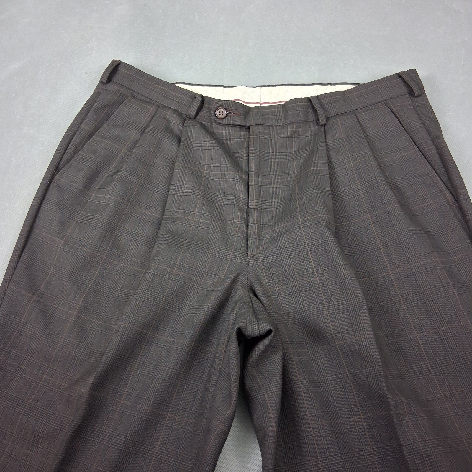 Vintage Ron Chereskin Double-Breasted Suit 42R Mens Brown Wool Check 35×31