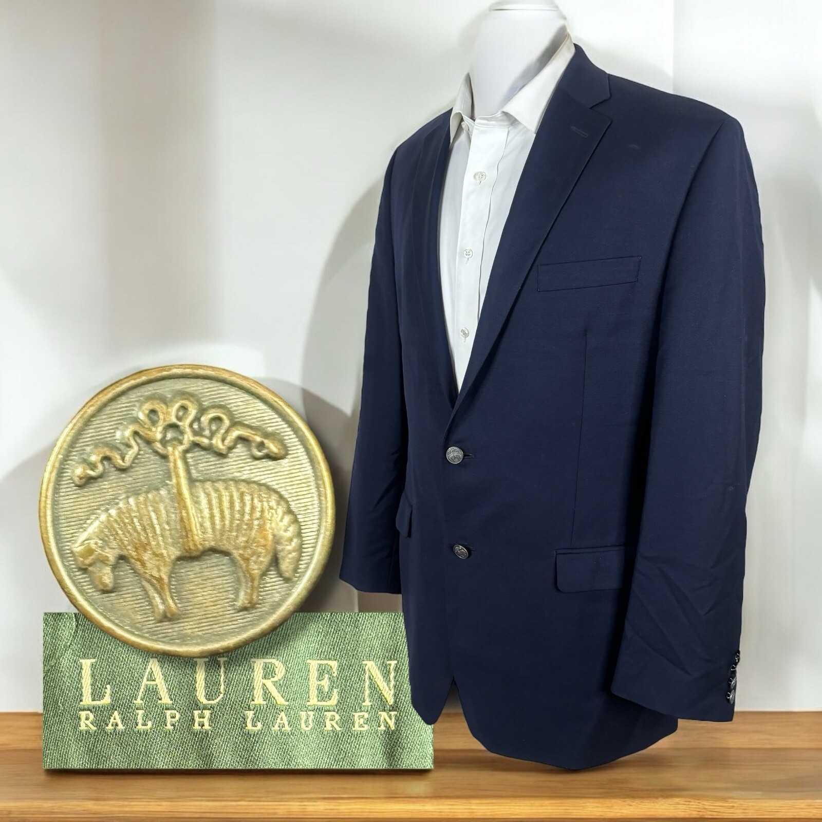 Lauren Ralph Lauren Blazer Mens 42L Navy Silver Metal Buttons Fleece Logo