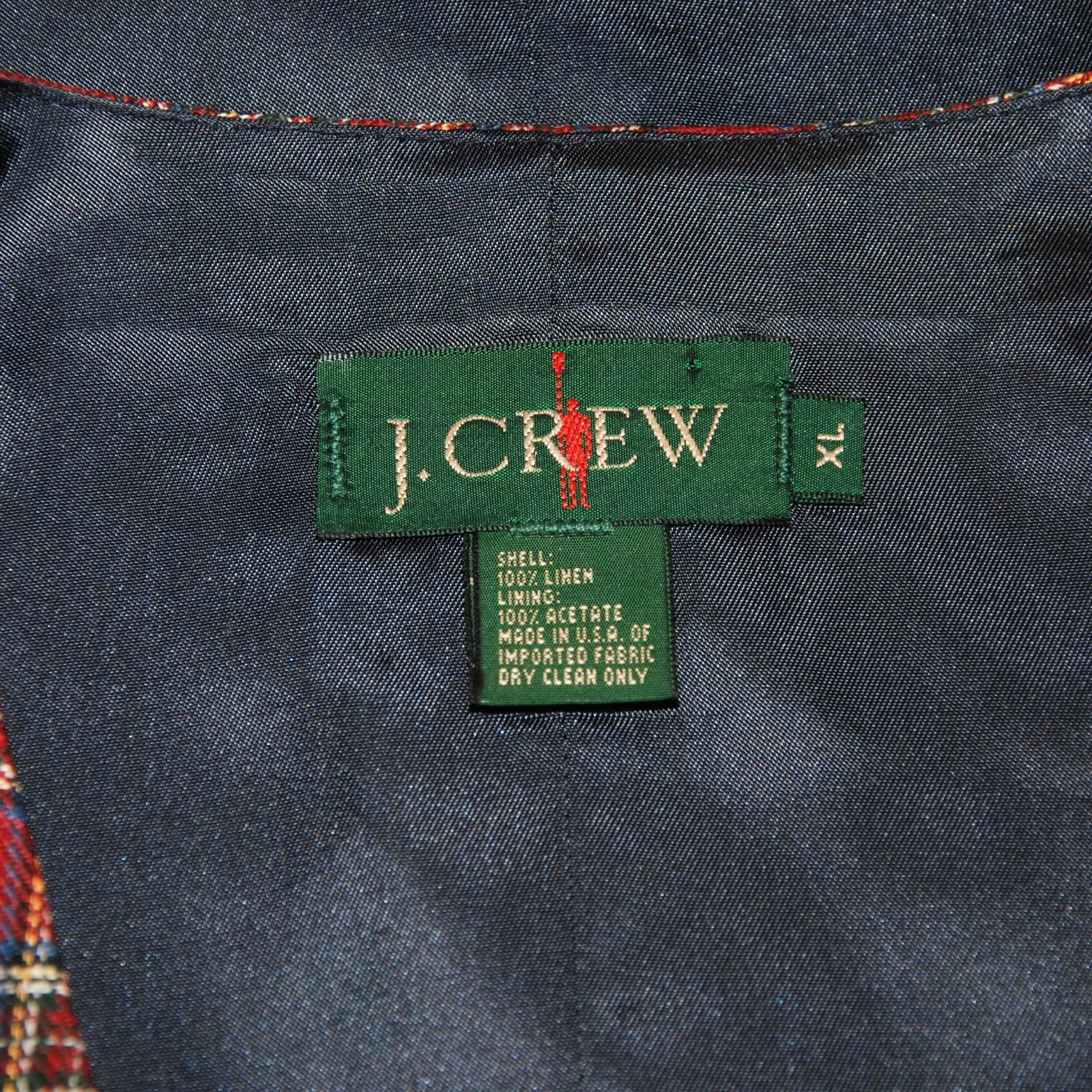 Vtg J CREW OARSMAN sz XL 100% Linen Red Check Waistcoat Vest Holiday Tartan