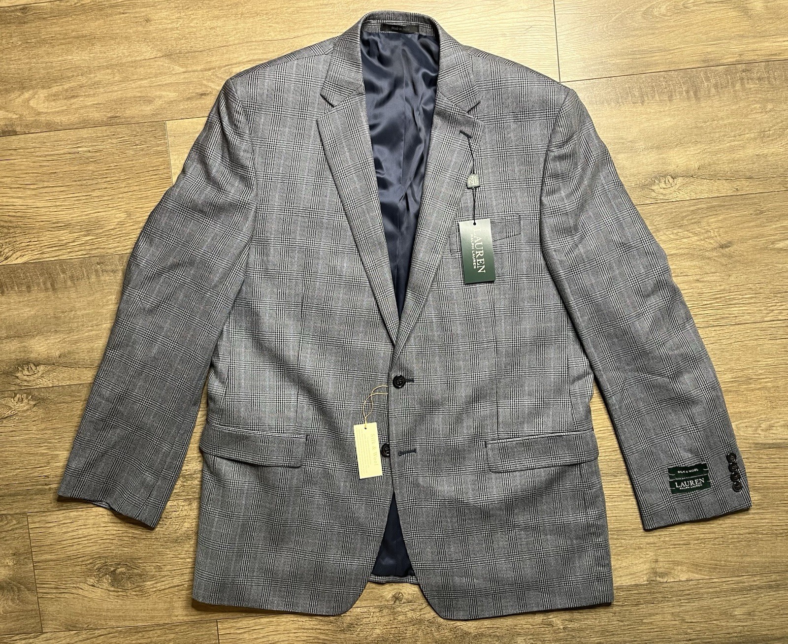 NWT Ralph Lauren Blazer Men 46L Wool&Silk Black/Blue Plaid Sports Coat