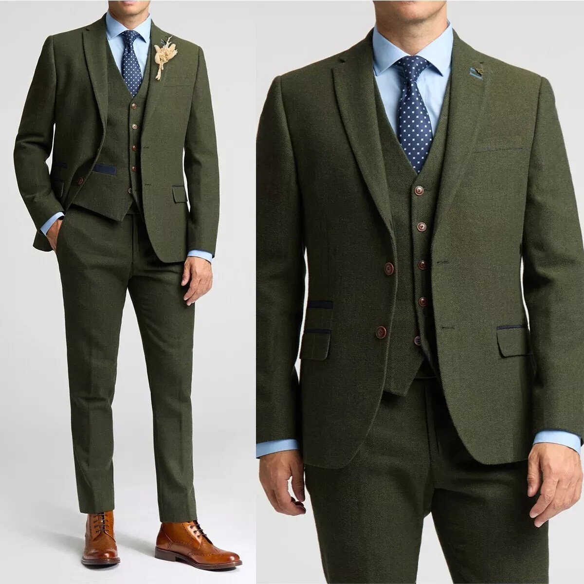 Olive Green Men’s Suits Slim Fit Notch Lapel Outwear Business Spring Fall Wear