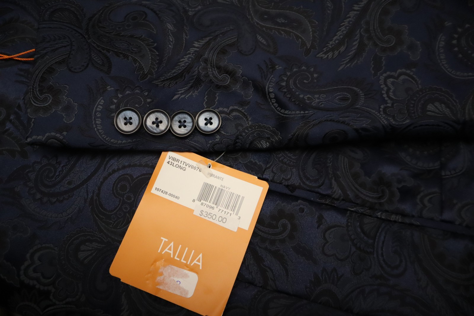 Tallia Men’s Sz 43 Long Navy Blue Paisley Jacquard Slim Fit Dinner Jacket $350