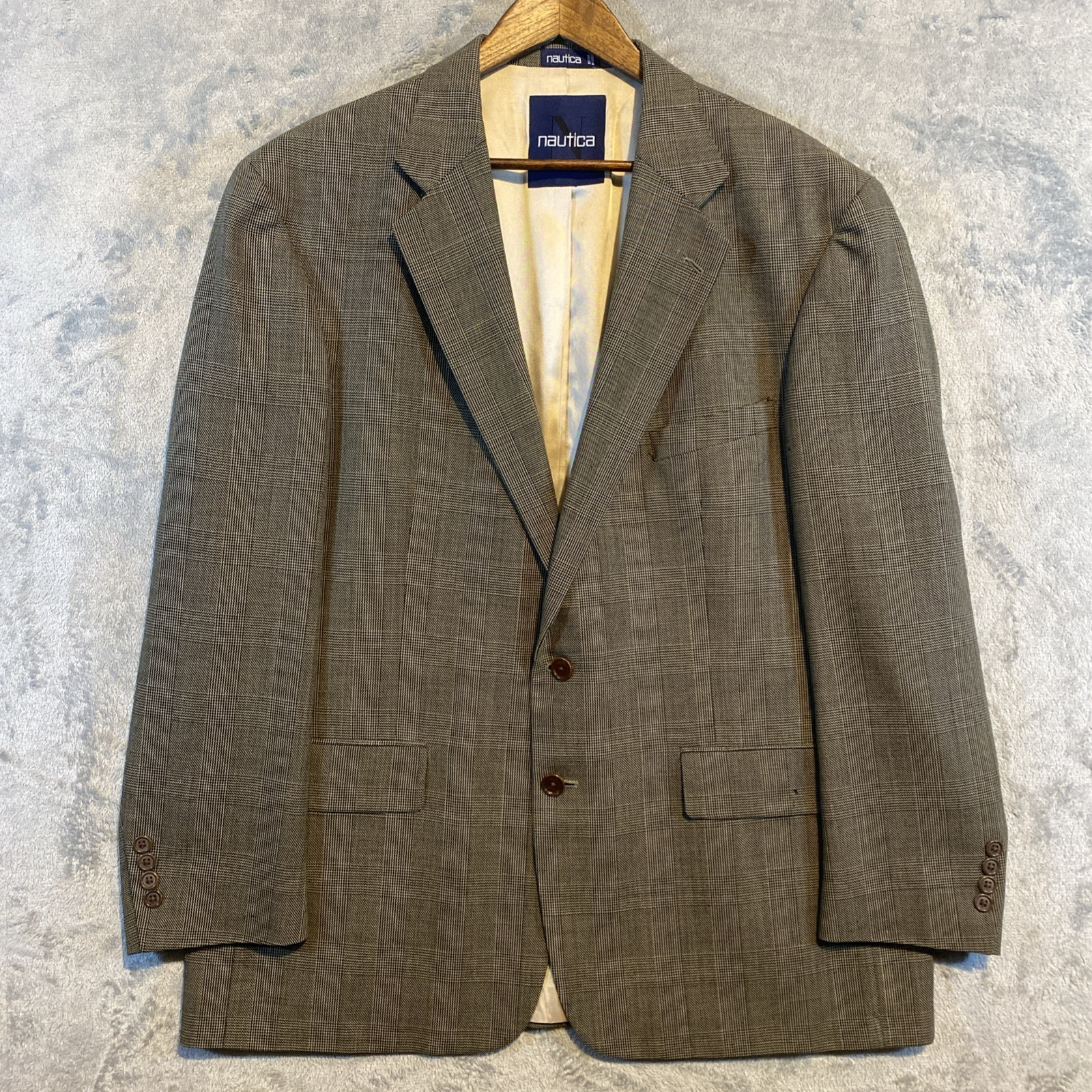 Nautica Men’s Wool 46R Brown Sport Coat Glen Check 2 Button Business Office