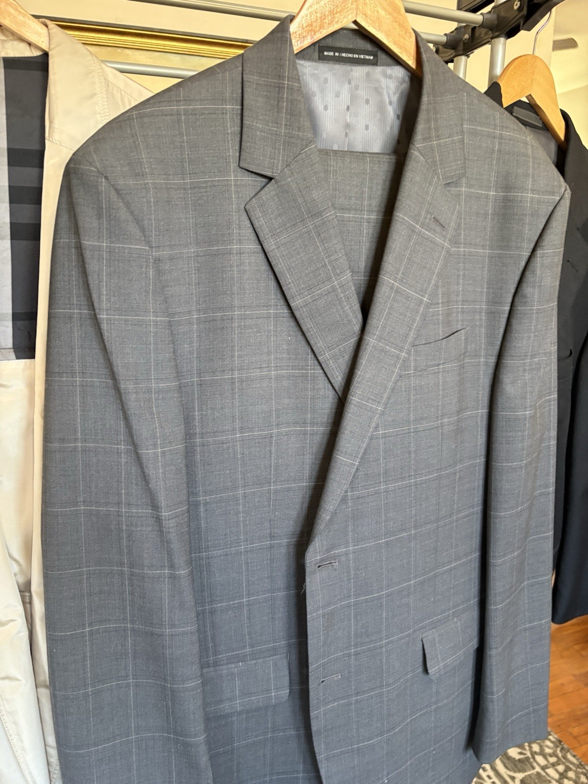 Perry Ellis Portfolio Modern Fit Gray Plaid Suit Jacket 46L Wool Blend 2Btn