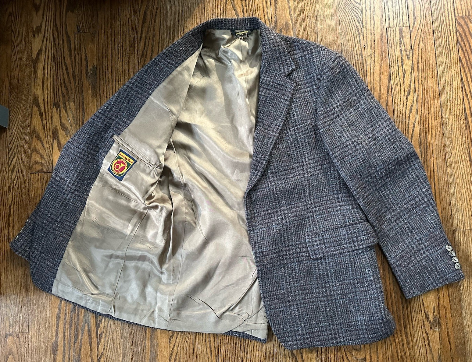 Vintage Hunting Horn Wool Tweed Sport Coat Mens Approx 40R USA Glen Plaid
