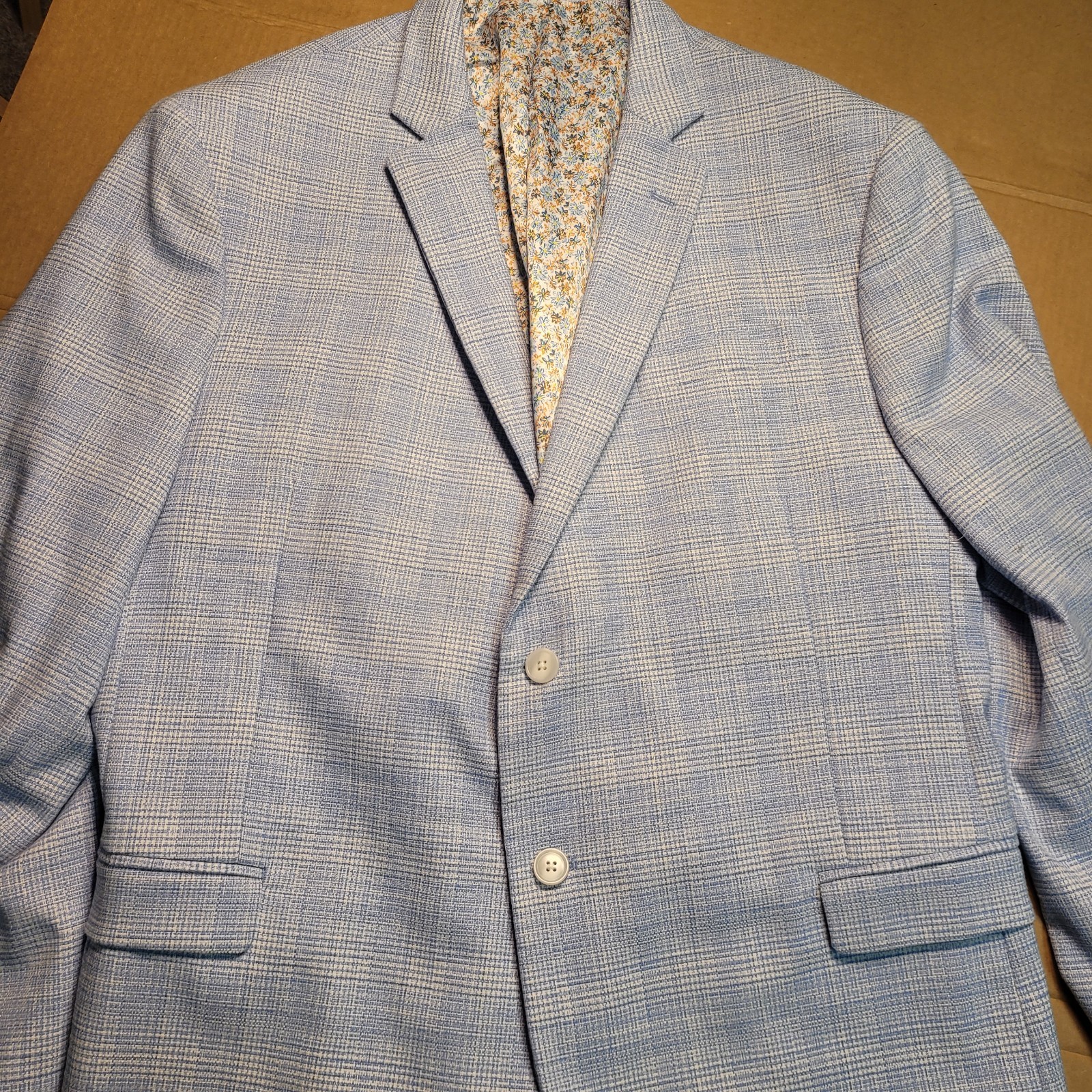 Egara Mens Suit Skinny Fit 48R Jacket 38×30 Pants Blue White Woven Tweed Floral