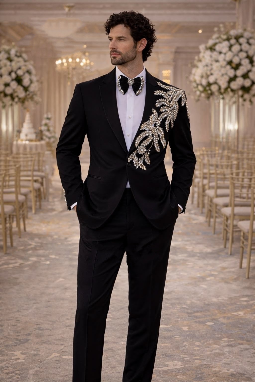 Prom Evening Party Men’s Suits Black Beading Sparkly Luxury Jacket Peak Lapel