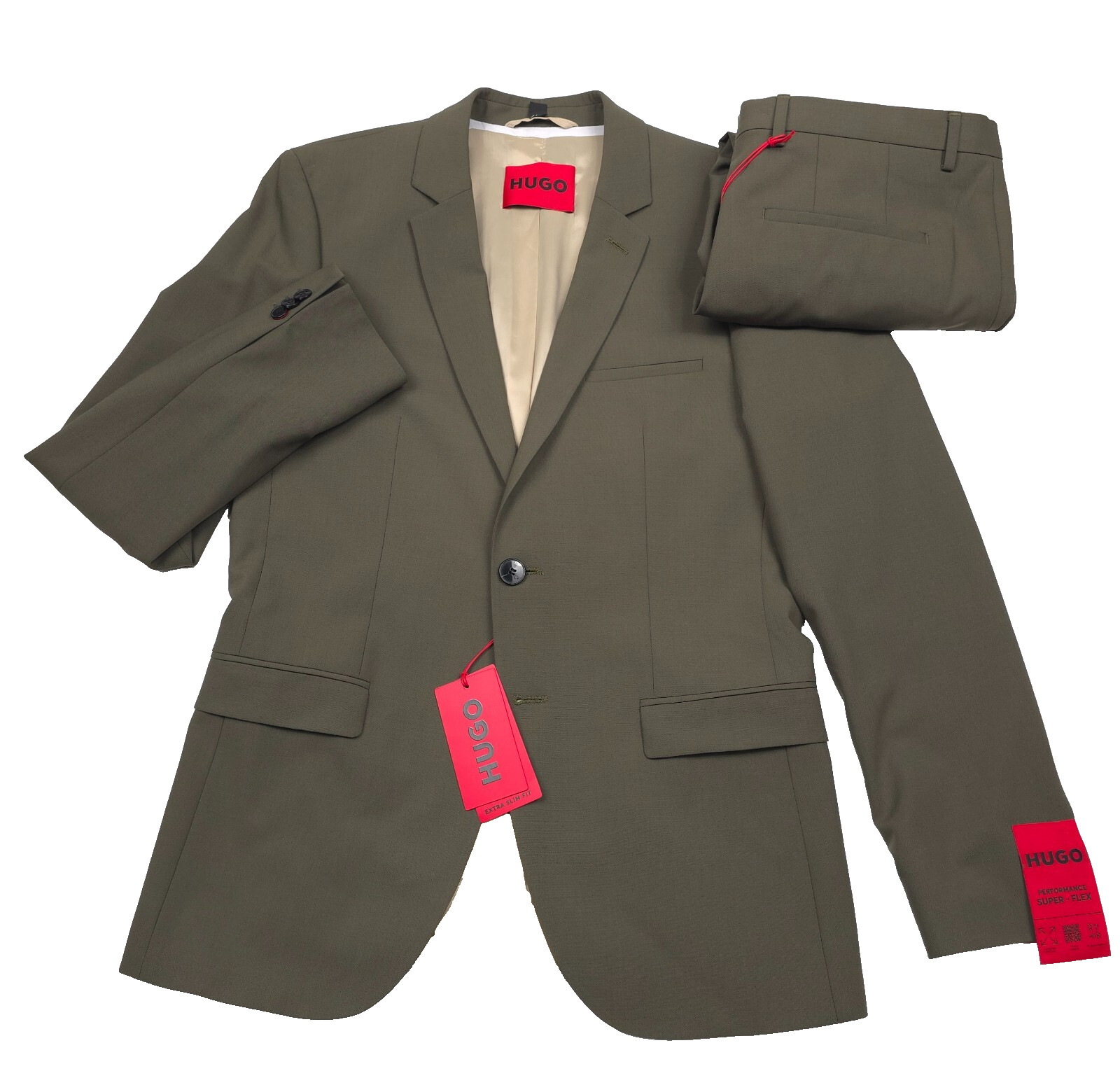 Hugo Boss Arti Hesten 232x Suit Mens 40L X 34 Extra Slim Performance Solid Green