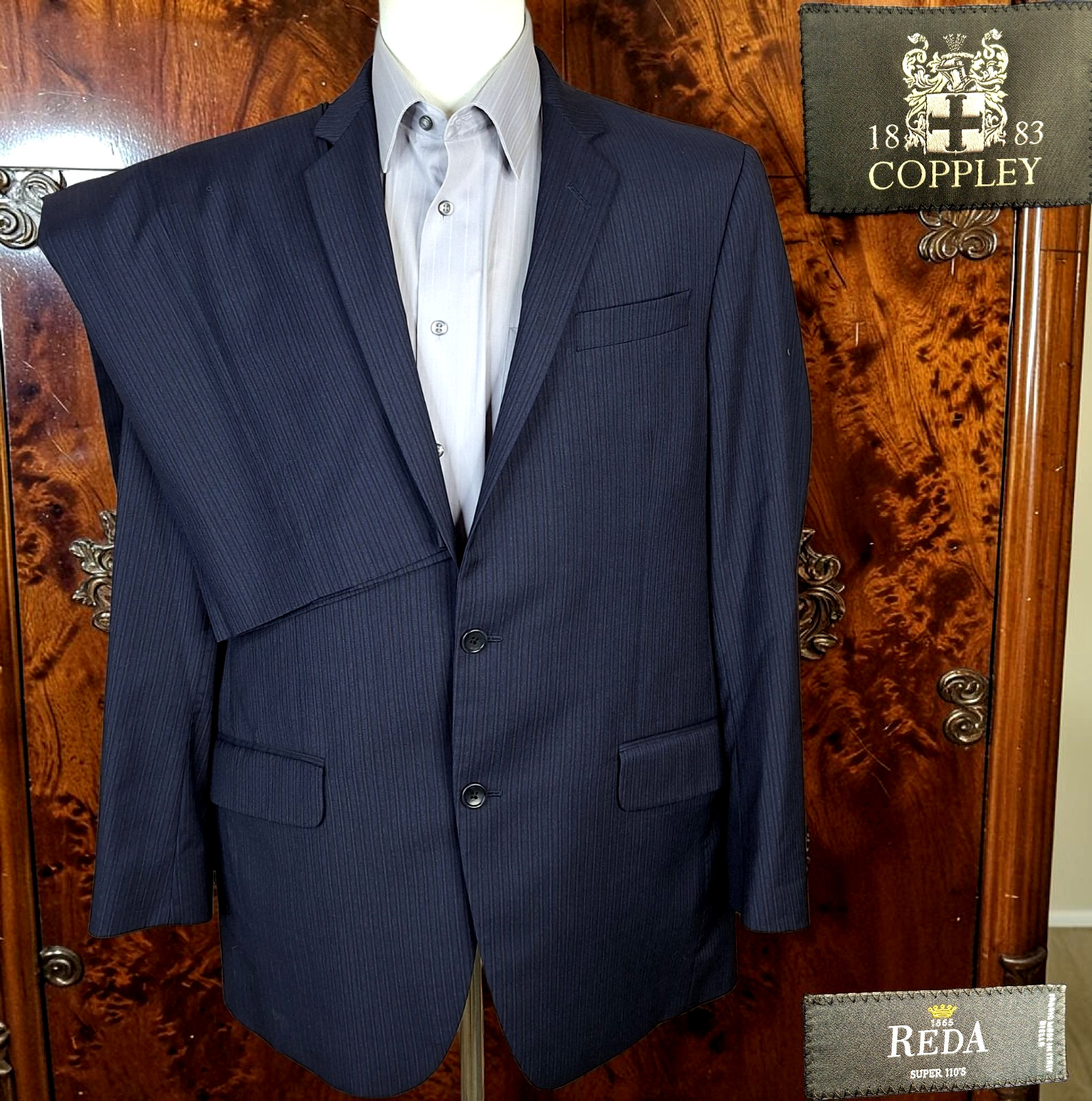 Coppley 2 Piece Suit Mens 42R 36X33 Navy Stripe Reda Wool Canada DV