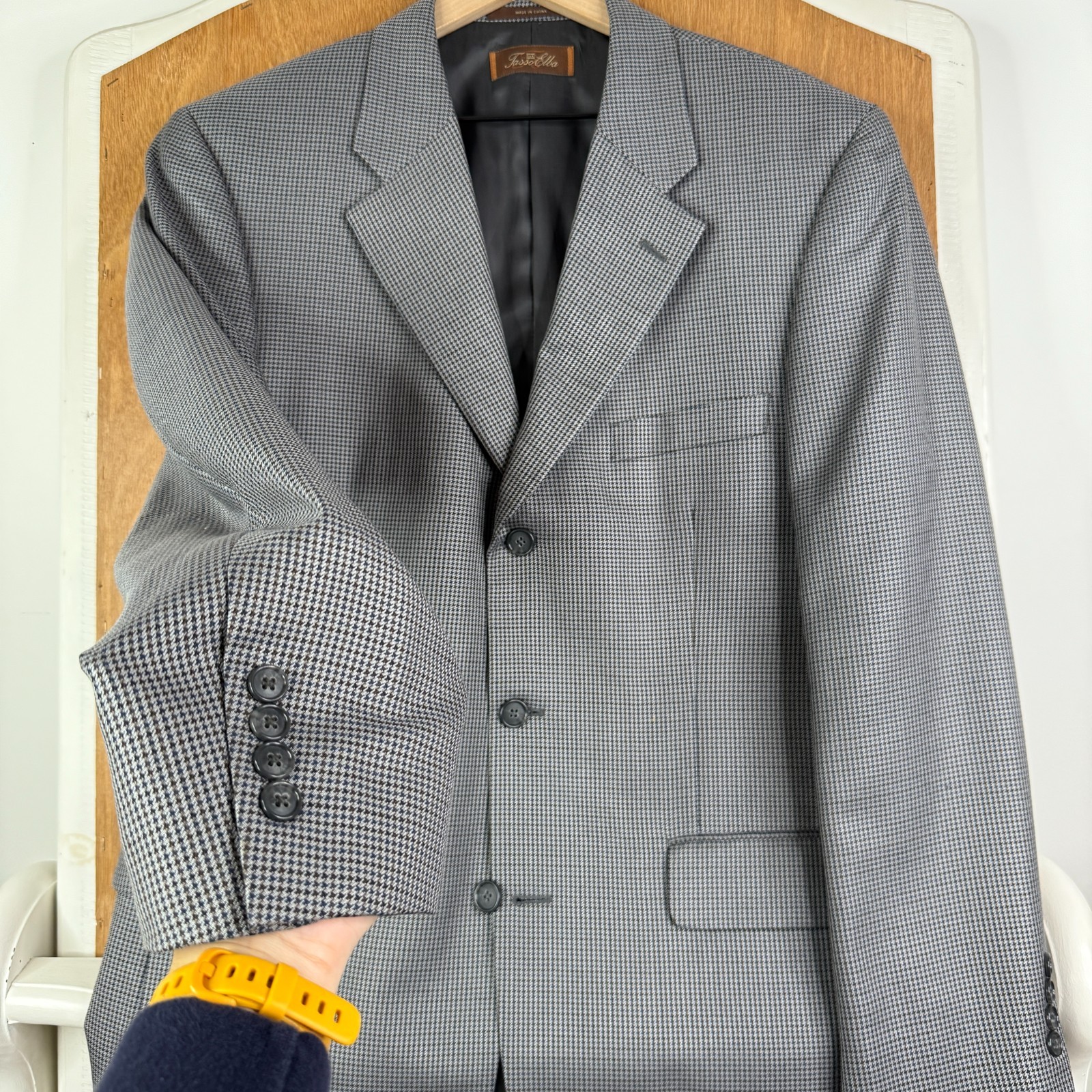 Tasso Elba Blazer Mens 40R Gray Houndstooth 3 Button Lanificio Campore Wool Silk