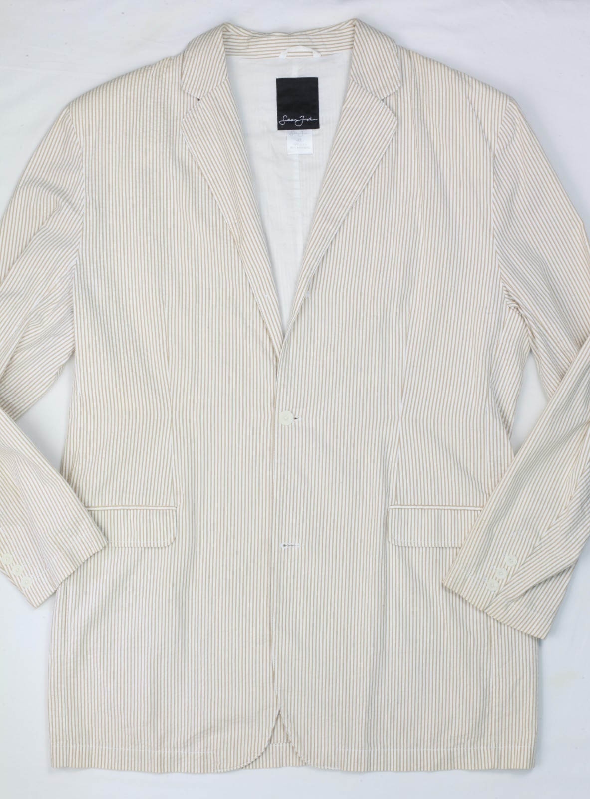 Sean John Seersucker Suit Beige White Cotton XL 36×32 Lightweight Unstructured
