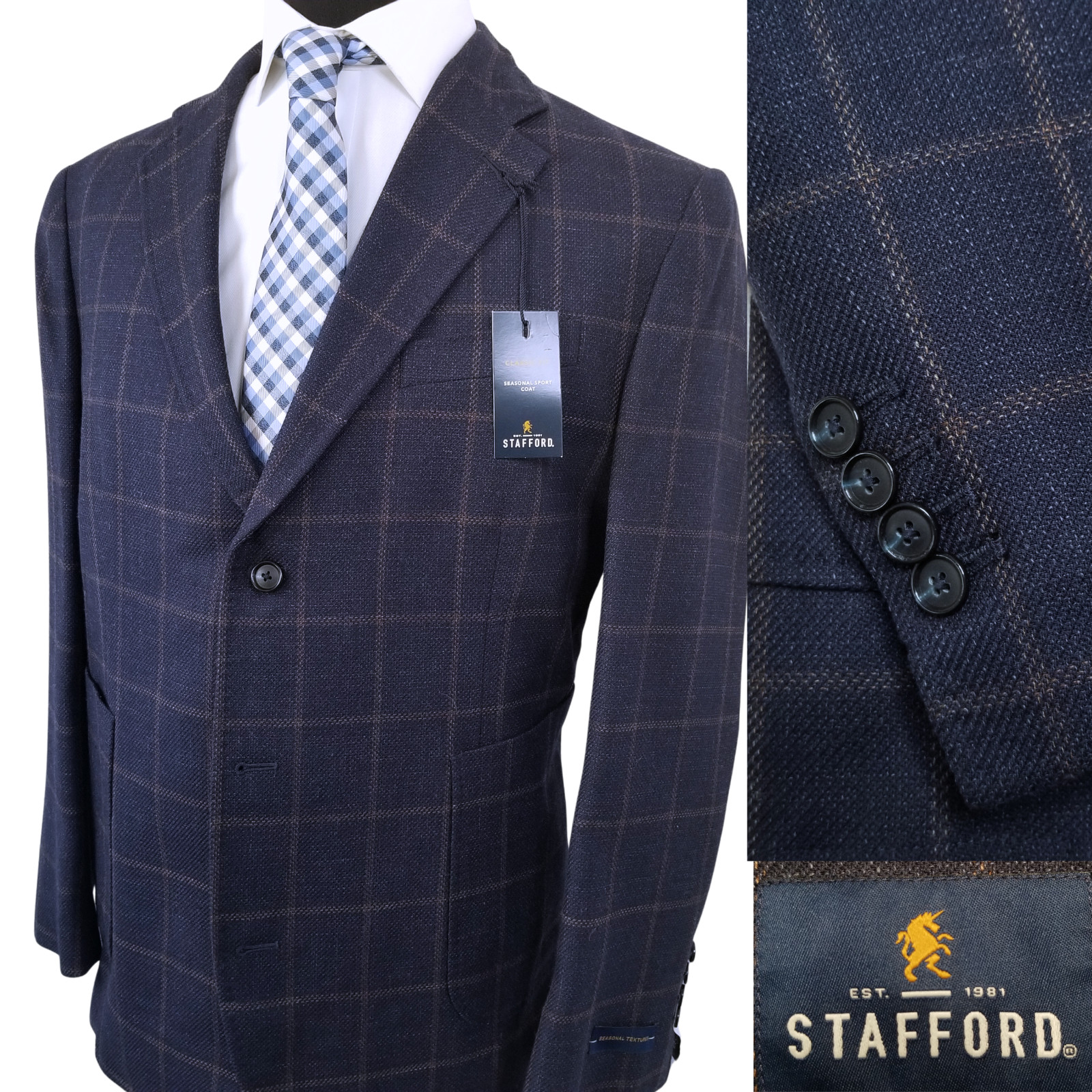 NEW $220 Stafford Men Unstructured Unlined Lite Blazer 58R Blue W.pane SportCoat