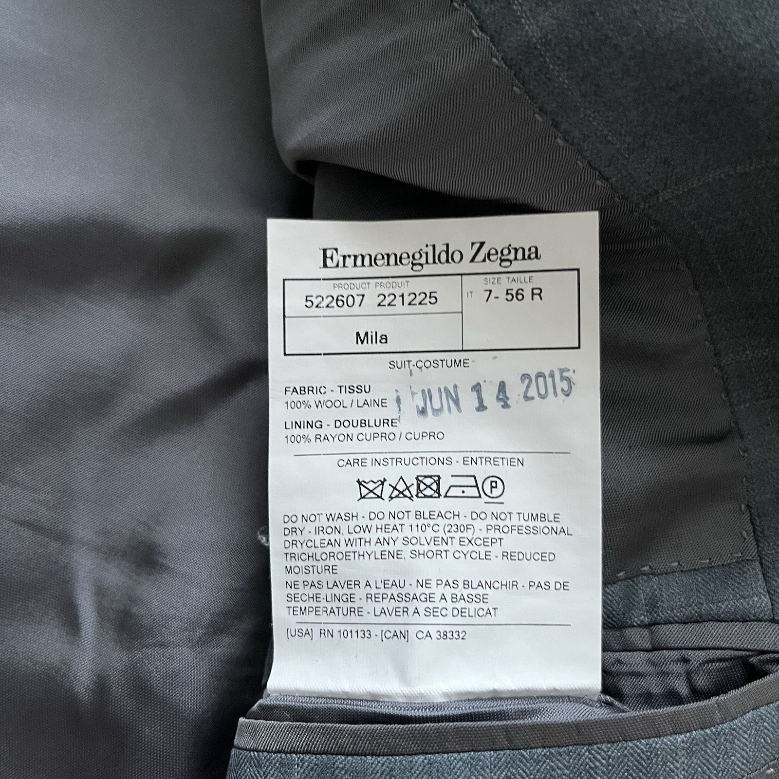 Ermenegildo Zegna Trofeo Mila Suit Jacket Gray Wool Check 56R IT / 46R US