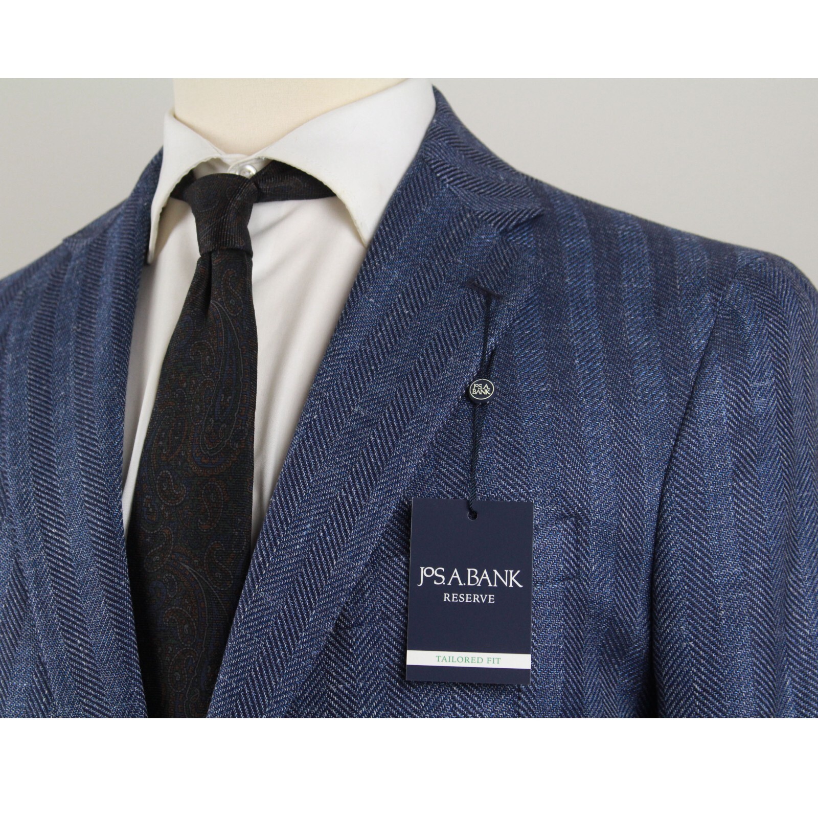 Jos A Bank Tailored Fit Herribone Sportcoat Blazer Blue 46L E04512