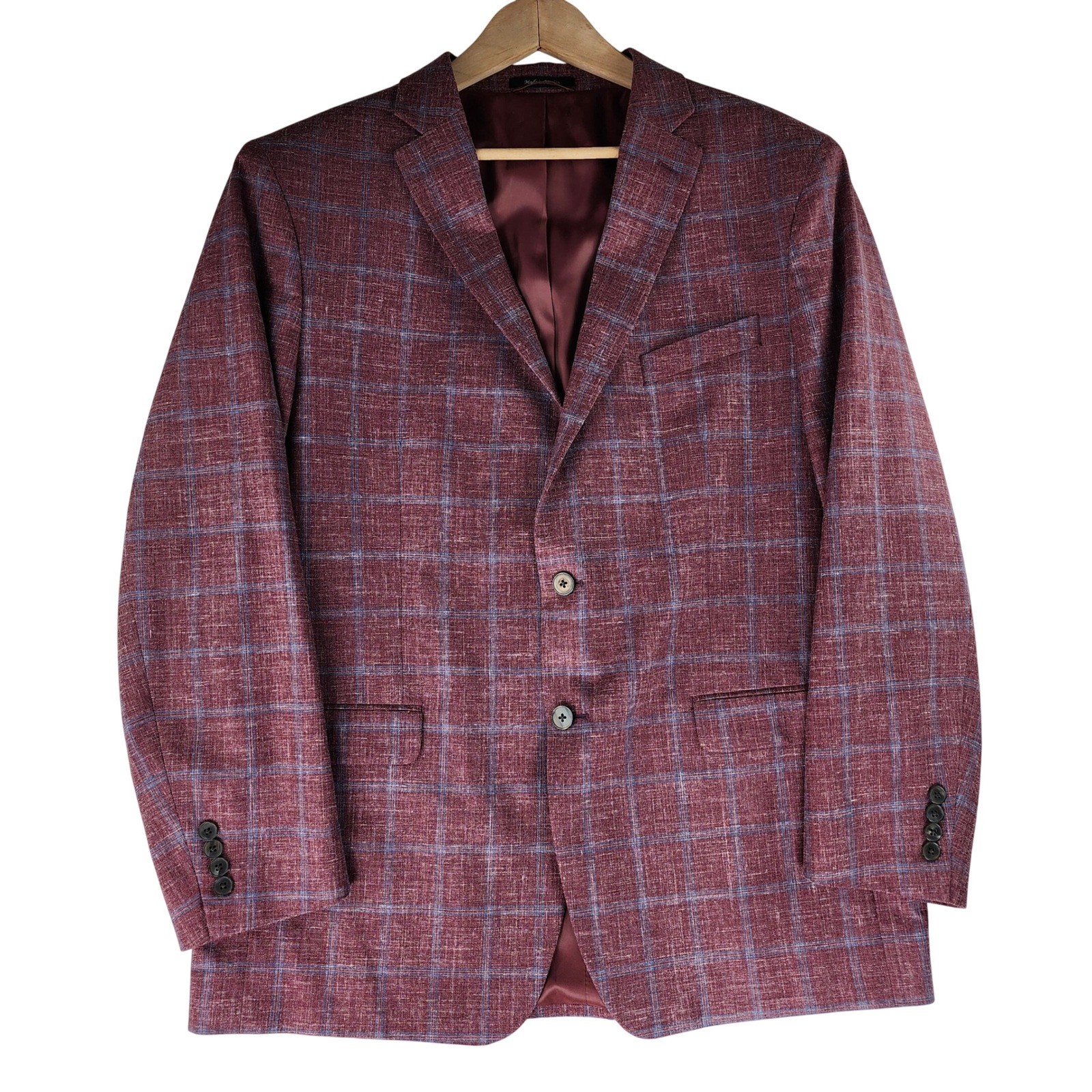 Lauren Ralph Lauren Blazer Mens 46L Burgundy Windowpane Plaid Linen Silk & wool