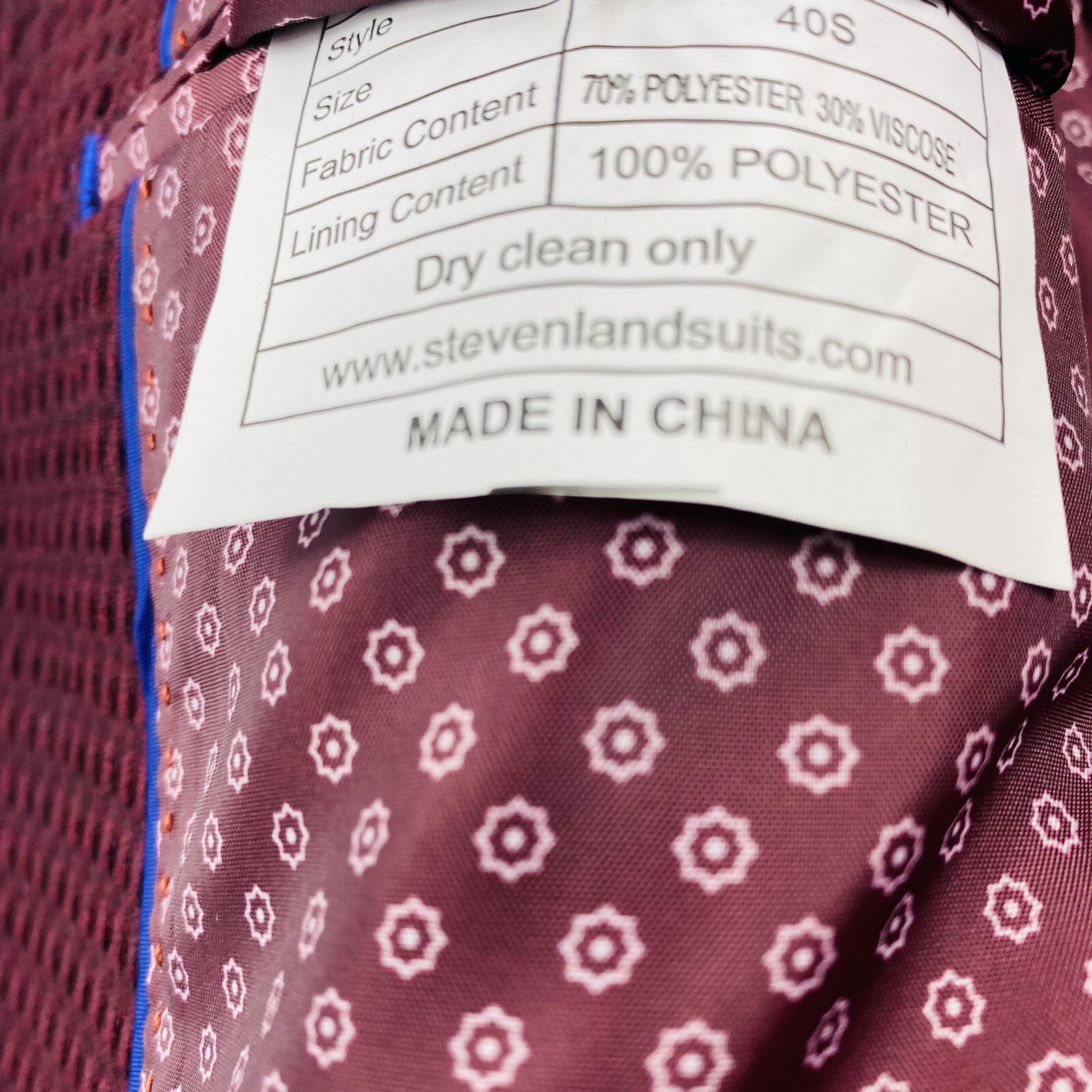 Steven Land Modern Man Cotton Polyester Textured Burgundy Mens Blazer 40S NWT
