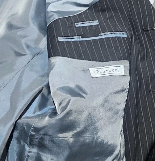 PROTOCOL-Gray Stripe, Mens 2B/NV Pleated, All Seasons Dress Suit-(44R/36R)