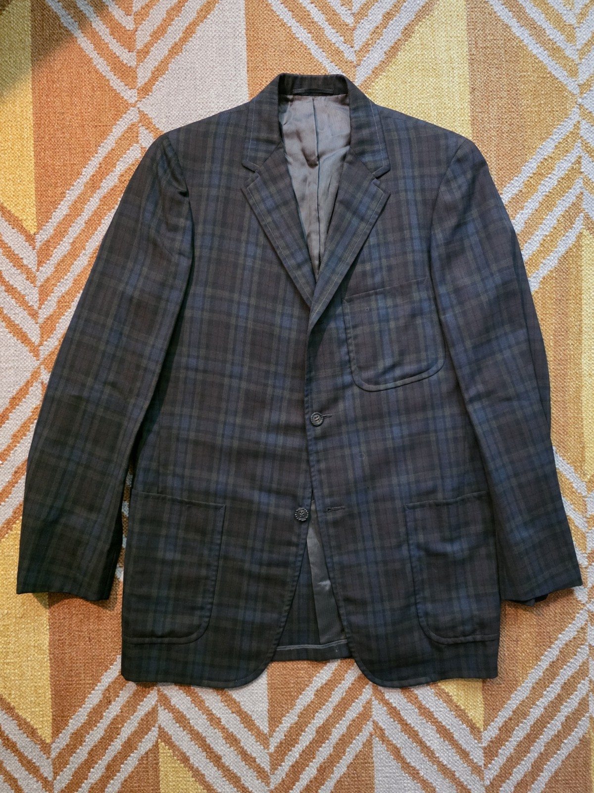 1963 Ivy Style Hopsack Tartan Blazer Triple Patch 3/2 Roll Sack Jacket ~38L