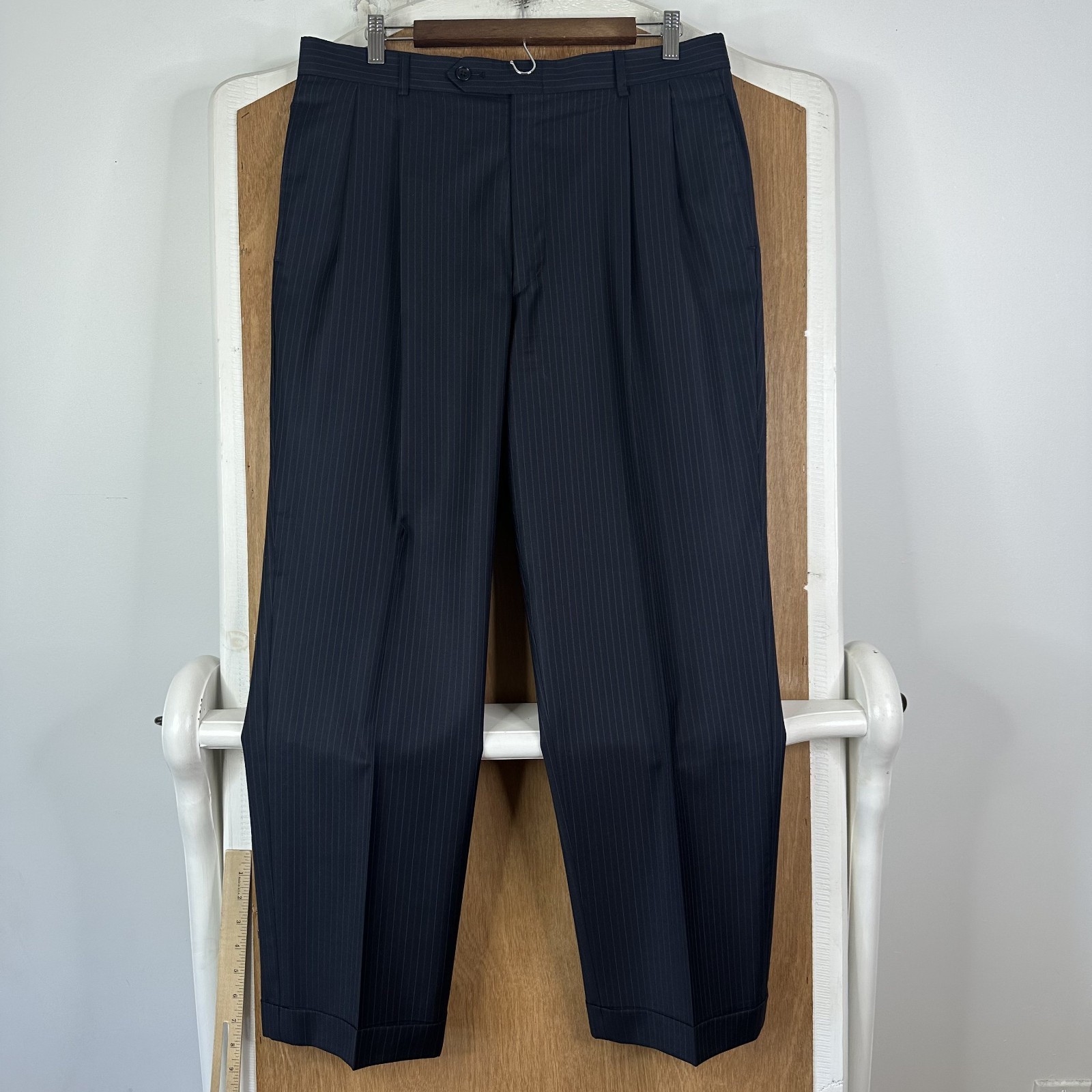 Jones New York Suit Mens 42R Navy Pinstripe 3 Button Wool Pants 34×29 3 Piece