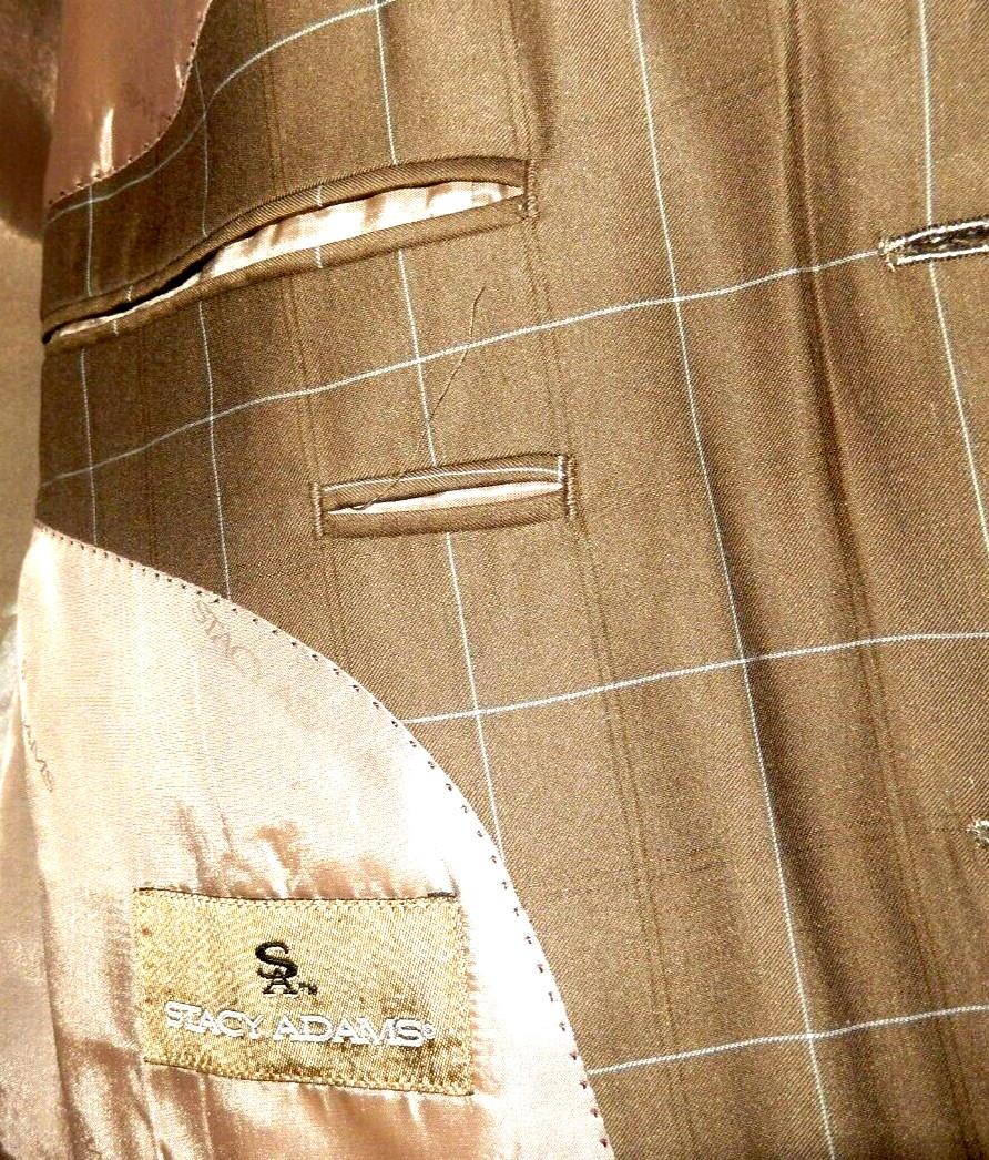 Stacy Adams Super 100’s Luxury Rayon Blend Suit-44L, dark tan windowpane