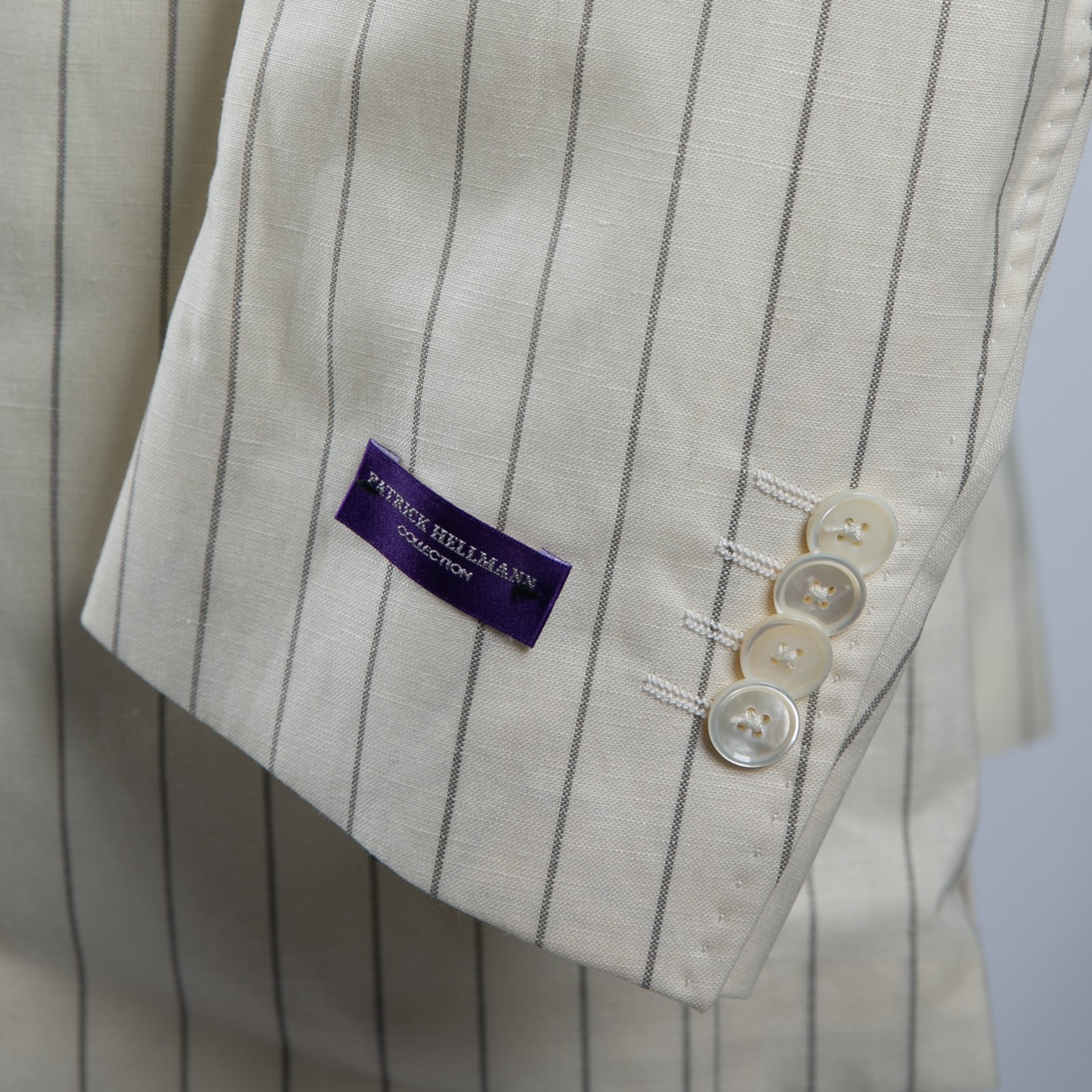 NWT $3250 PATRICK HELLMANN Wool and Linen Striped Suit Ivory 42US/52IT SHORT