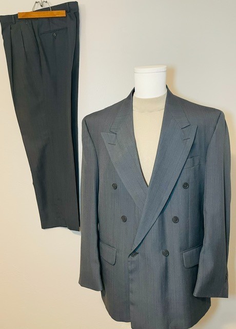 Vintage 80s Gladiator Double Breasted Suit 44R Union Made USA Gray Stripe Mens