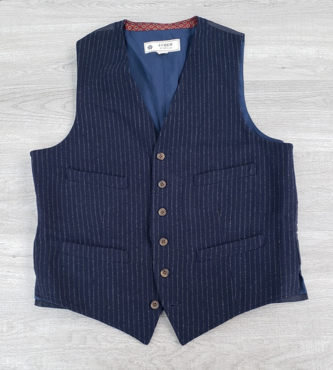 J.Crew Men’s Wool Pinstripe Vest Navy Blue 6 Button Suit Waistcoat Medium