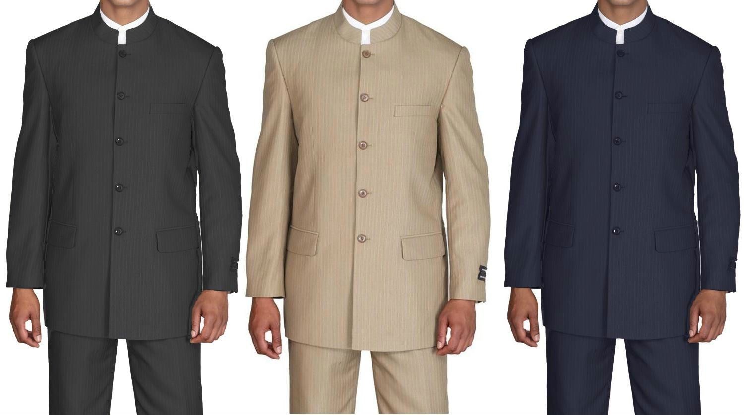 Mens-Mandarin-Collar-Black, Navy, Tan Pin-Stripe-Church-Suit-Style 925H