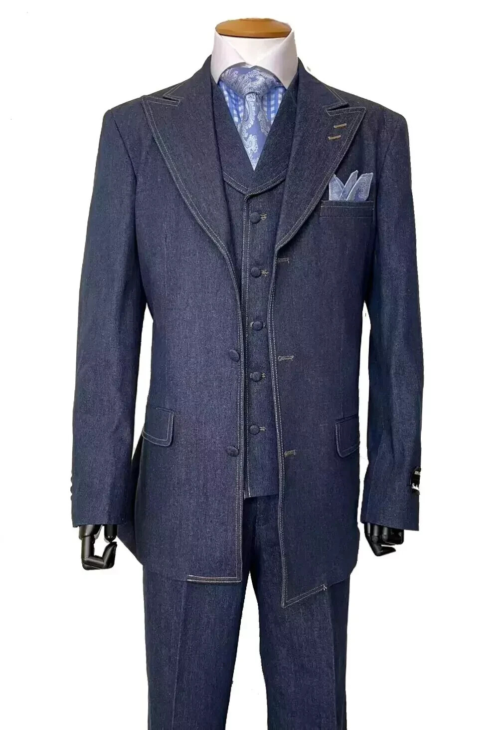 Men’s 100% Cotton Denim JeanSuit Vested Double contrast stitching Black 38R~56L