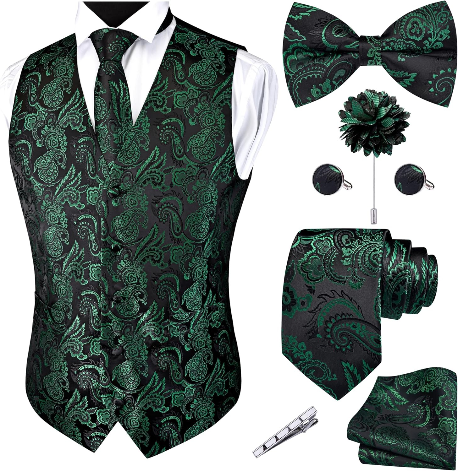 7PC Men’s Formal Paisley Jacquard Vest Tie Set Wedding Business Party Waistcoat