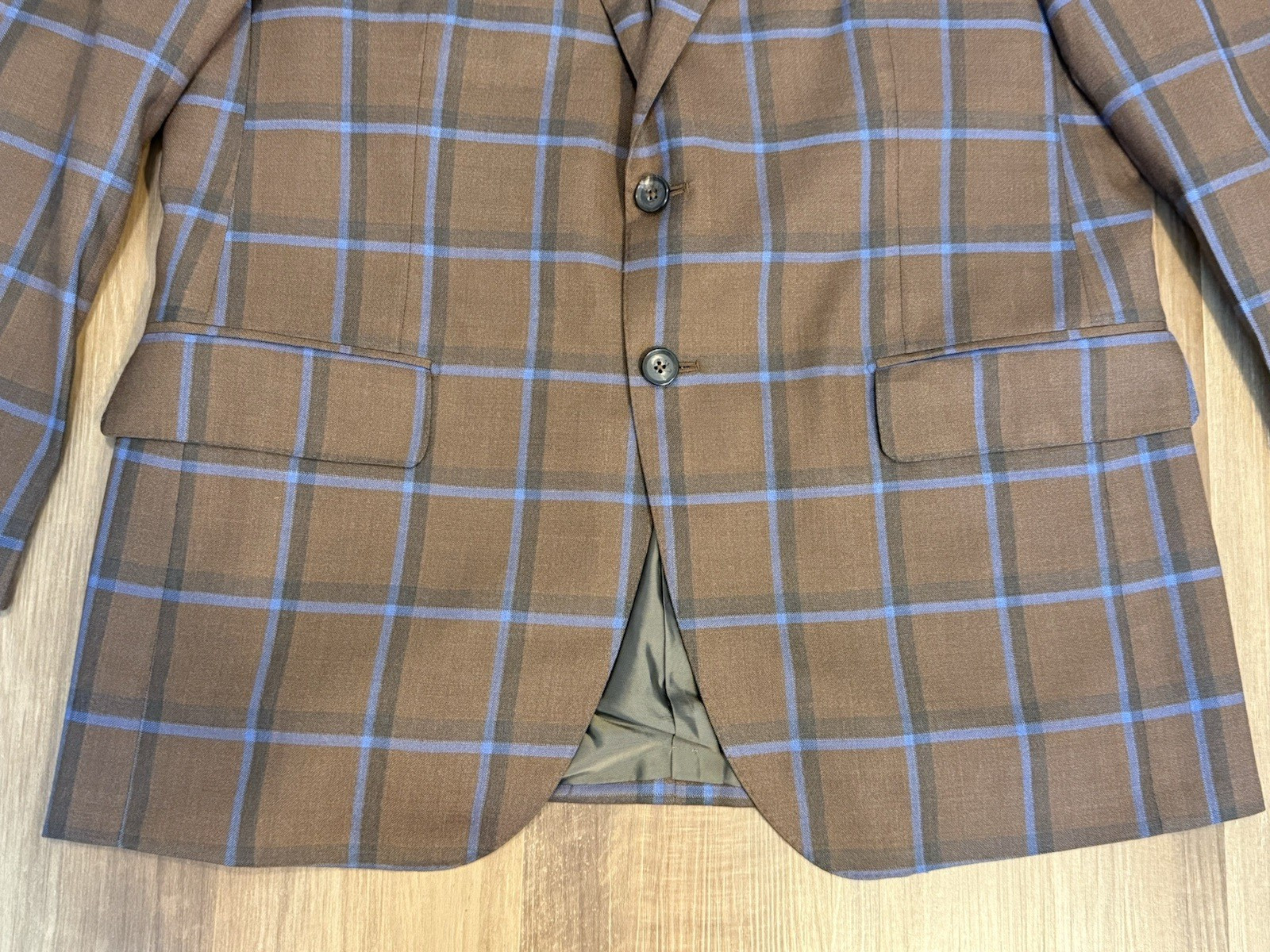 ISAIA Napoli Sanita Sport Coat 44R 54EU Brown Blue Windowpane Wool Silk NWOT